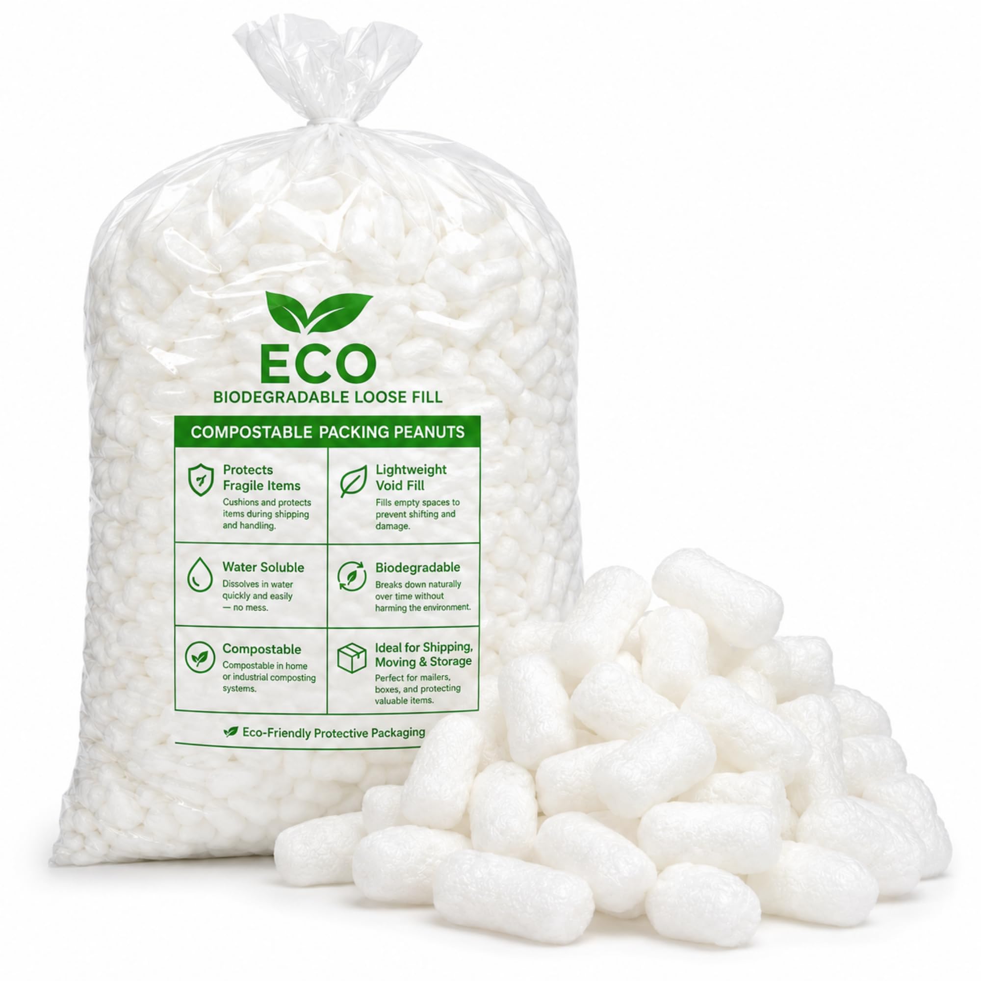 Biodegradable Packing Peanuts White Eco Loose Fill Chips, Compostable Water Soluble Void Filler Protective Packaging for Parcels, Shipping, Moving Boxes & Fragile Items (5 Cubic Ft)
