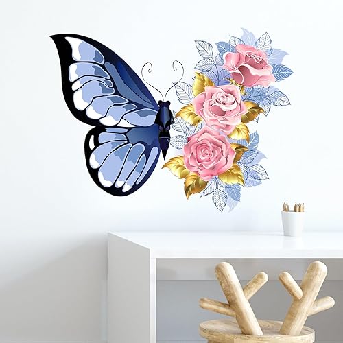 Miniatura 7 de Adhesivo de pared con diseño de mariposa y rosa, calcomanías de pared de flores azules para sala de estar, dormitorio, vinilo extraíble, calcomanías