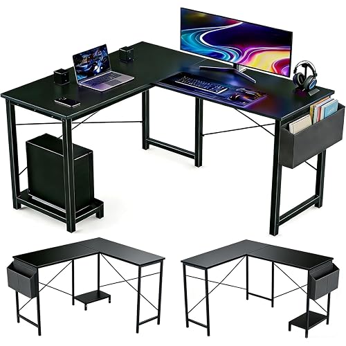 L Shaped Desk, 50 Inch Reversible Computer Desk Corner Gaming Table with CPU Stand & Storage Bag, Sturdy Metal Frame PC Workstation for Home Office, Black Wood