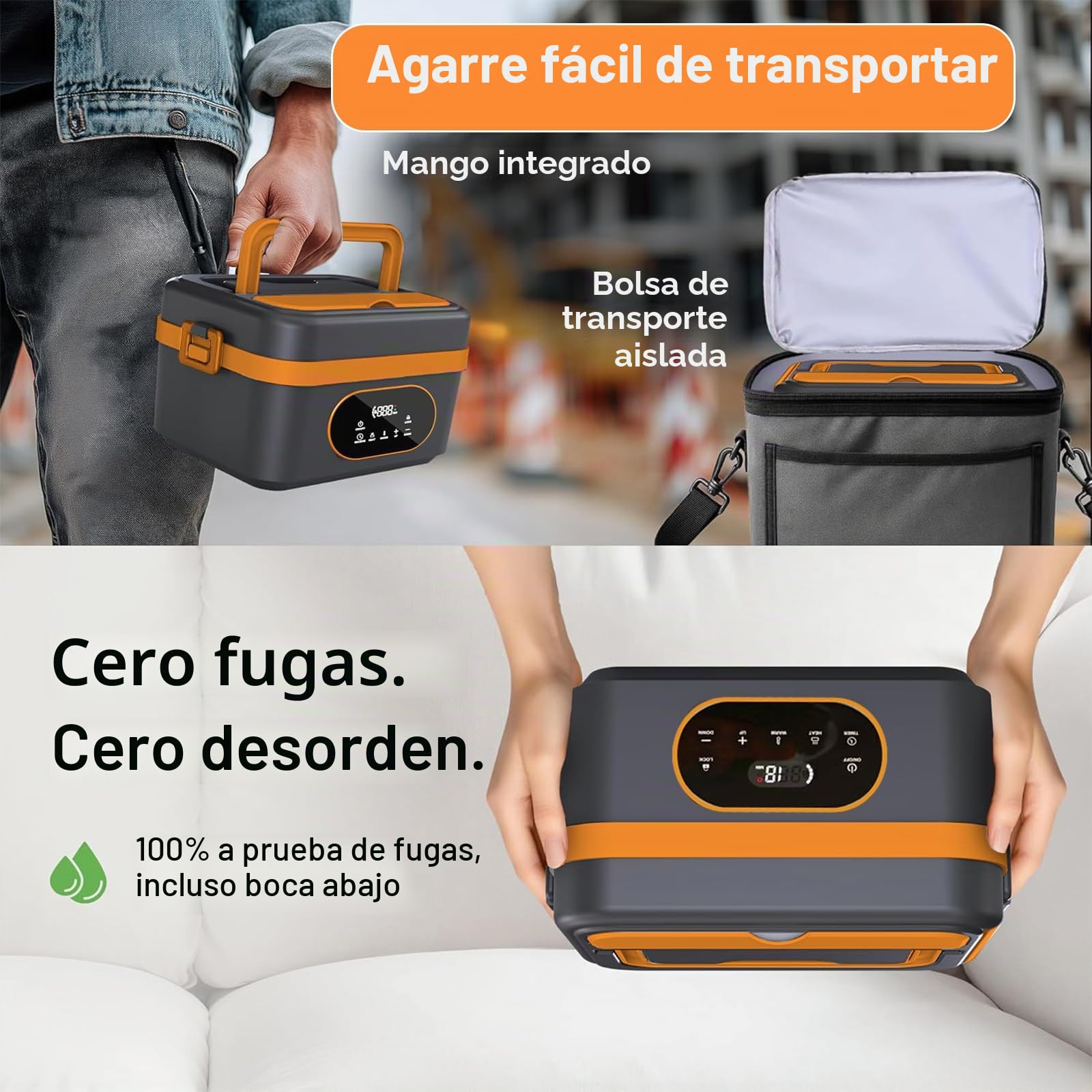 Fiambrera Eléctrica Sin Cable 1.5L，Calentamiento Automático 18000mAh Recargable con Temporizador, Pantalla LED & Bolsa Térmica para Oficina, Camión, Exterior