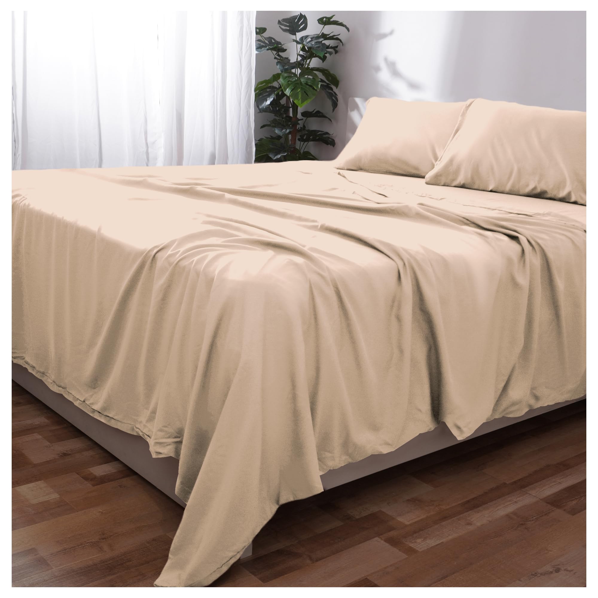 Parure de lit double beige anti-plis avec drap-housse à grands bonnets et drap plat