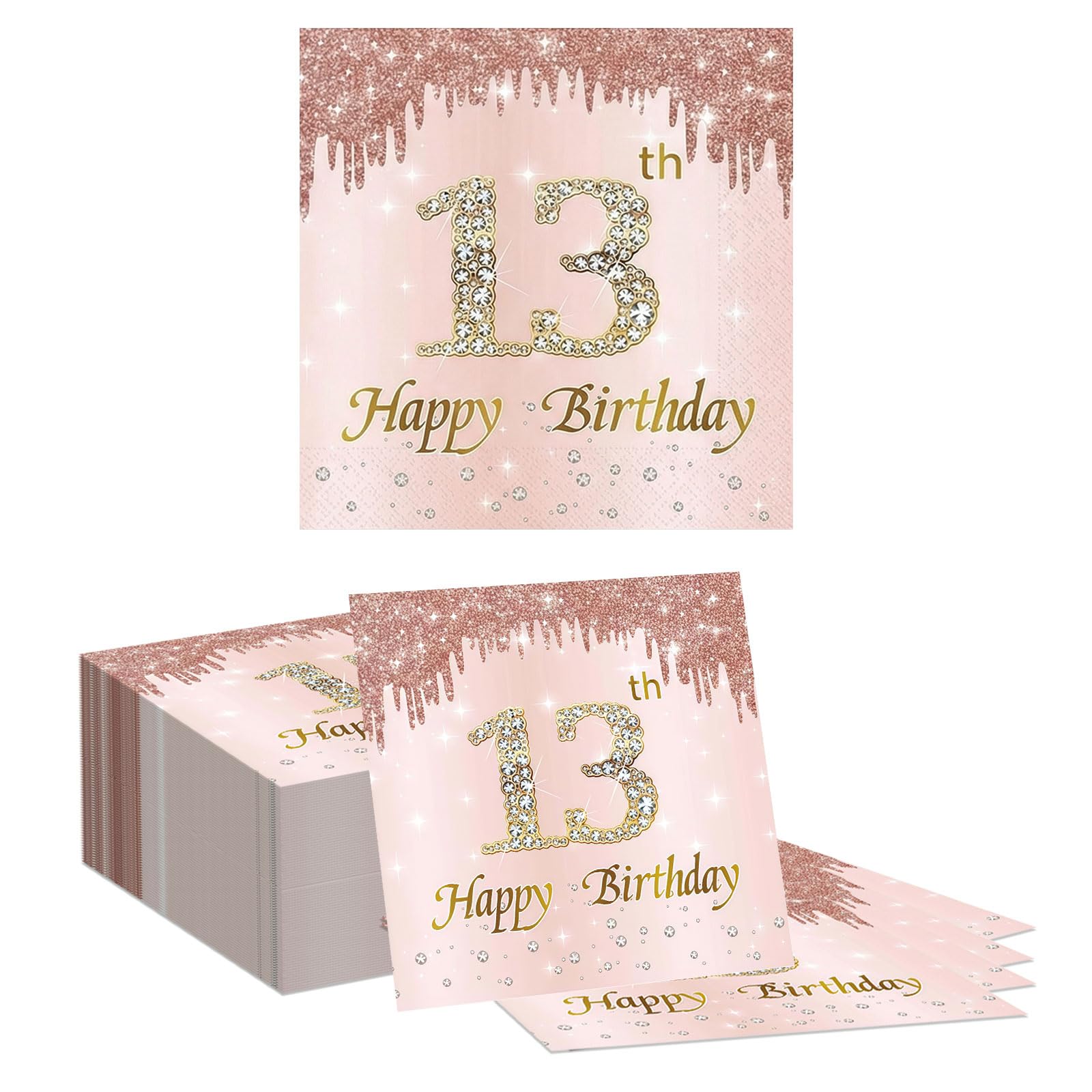 Tapufitil 80 Pieces 13th Birthday Napkins, Rosé Gold Glitter Paper Napkins with Rhinestone Pattern, 33x33cm Disposable Towels for 13-Year-Old Girls Celebration Decoration