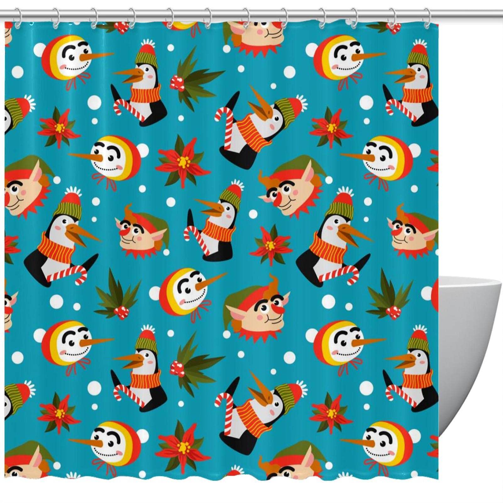 Rideau de douche imperméable lavable à motif pingouin coloré avec 12 anneaux de douche
