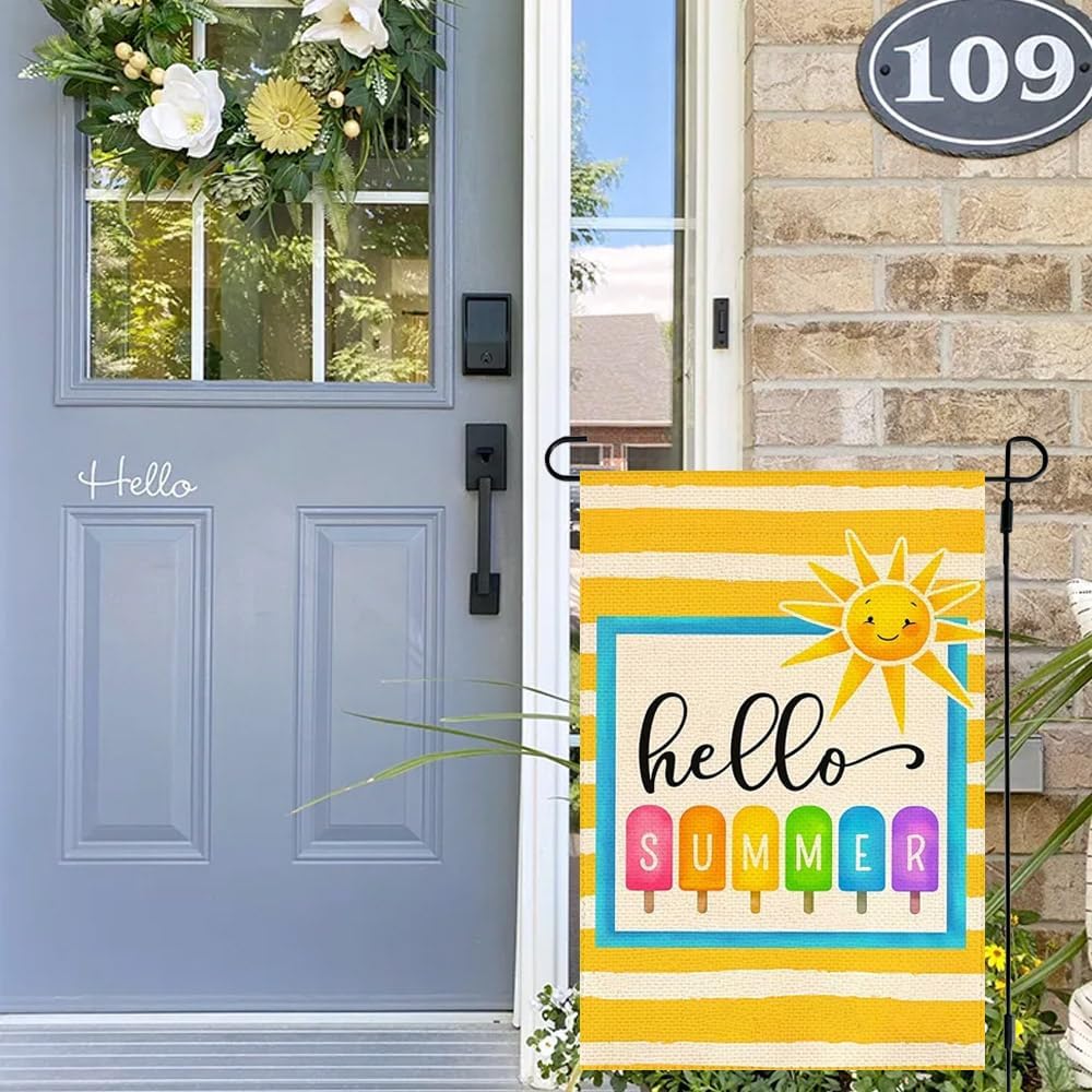 Bright Hello Summer Popsicle Garden Flag 12x18 Inch Double Sided Yellow Striped Polyester Outdoor Sunshine Decor for Yard, Patio, Poolside, Beach Parties image 4