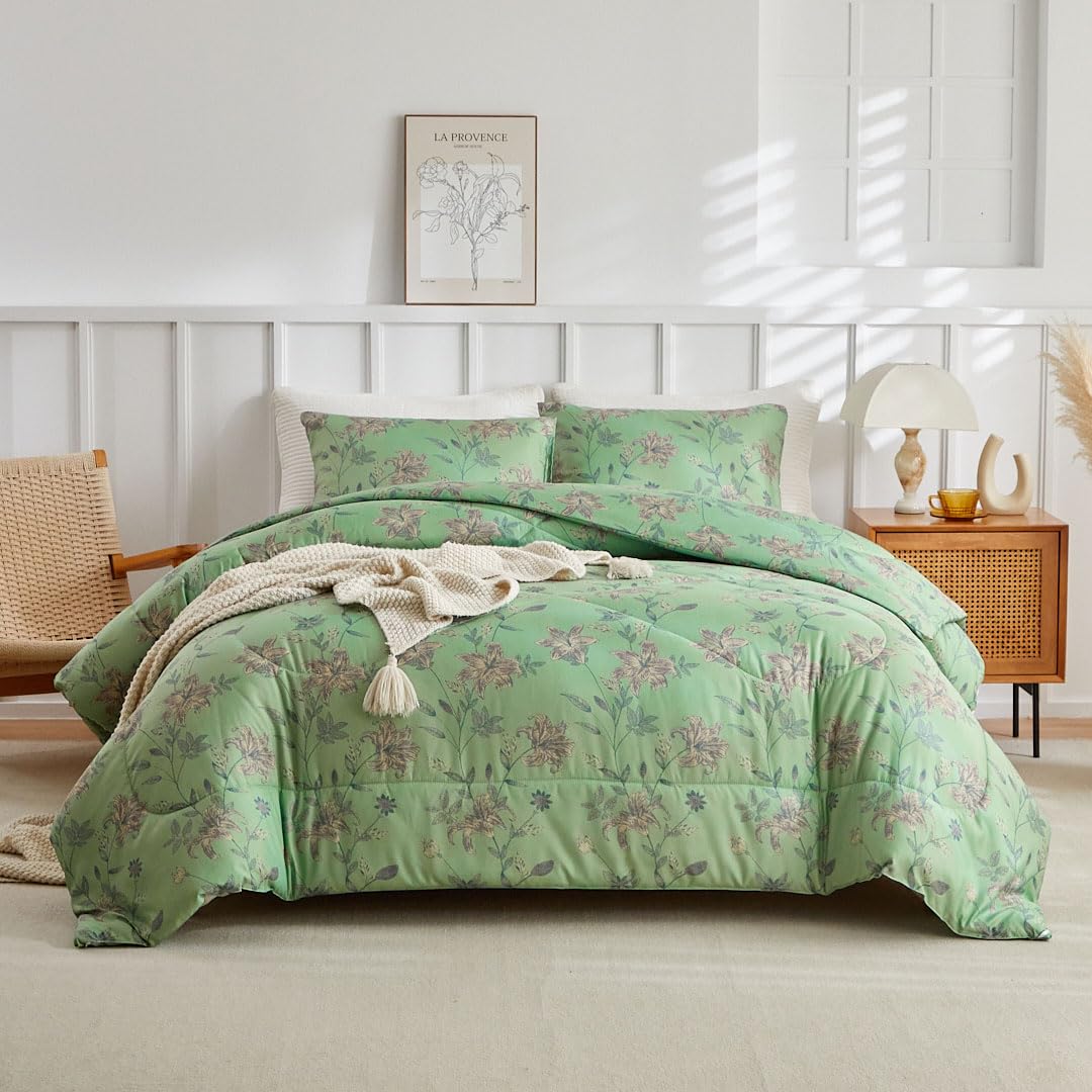 VM VOUGEMARKET Green Floral Bedding Twin XL Comforter Sets Soft Microfiber Vintage Garden Flower Bedding Comforter Set 1 Comforter & 2 Pillowcases
