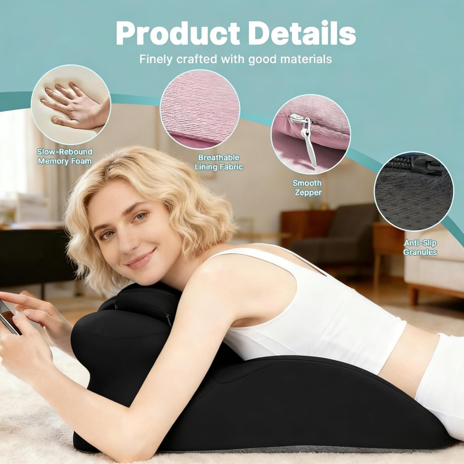 Almohada de Apoyo Corporal Ergonómica Multi-Posición, Cojín Contorneado de Espuma de Memoria de Alta Densidad para Descanso Boca Abajo, Lectura y Alivio de Presión,Desmontable,Gris