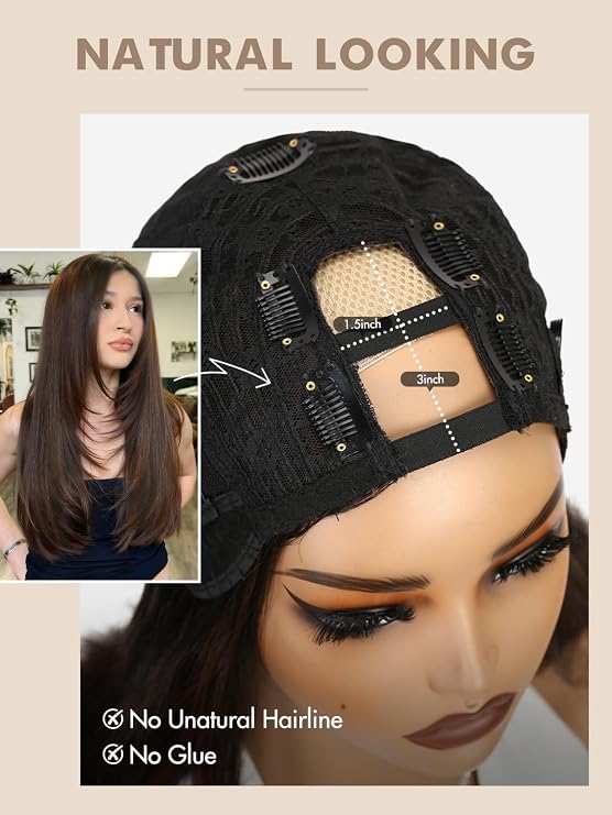 WIGNEE 24 Inch Long Straight U Part Wig Highlight Brown Layered Half Wig