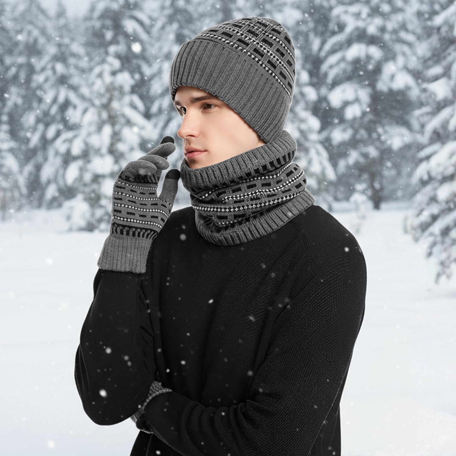 Conjunto Bufanda y Gorroy y Guantes Hombre,Cálida Bufanda Hombre Gorro Invierno con Forro Polar Guantes TermicosTáctiles,3 Piezas Regalos Ideales para Cumpleaños y Navidad