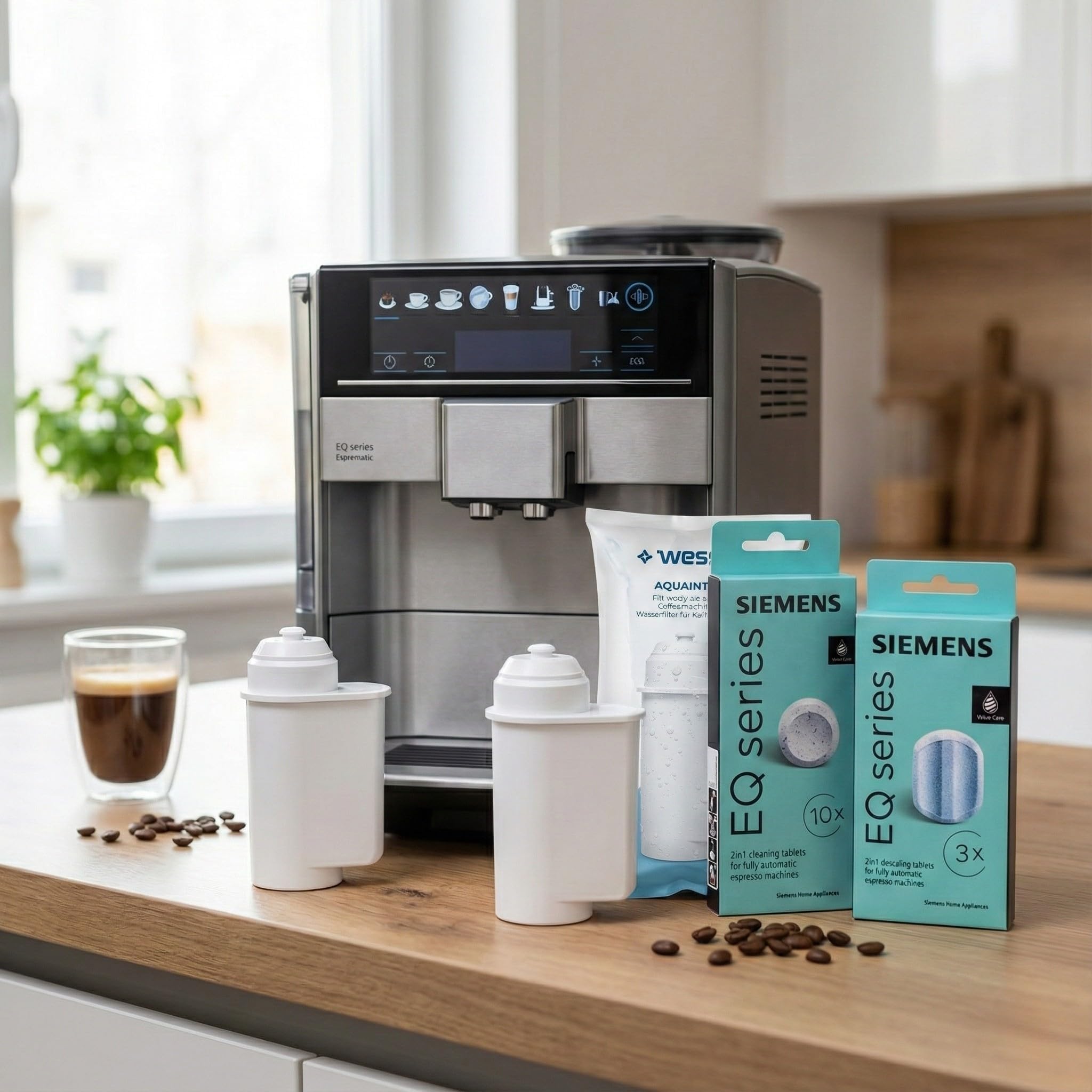 Kaffeeemaschinen-Reinigungsset - Siemens EQ-Serie, 10 Reinigungstabletten, 3 Entkalkungstabletten & 2 Wasserfilter Aqualntese, kompatibel mit Siemens Bosch TZ70003 TZ80001 TZ80002, Kaffee-Pflege, Wart