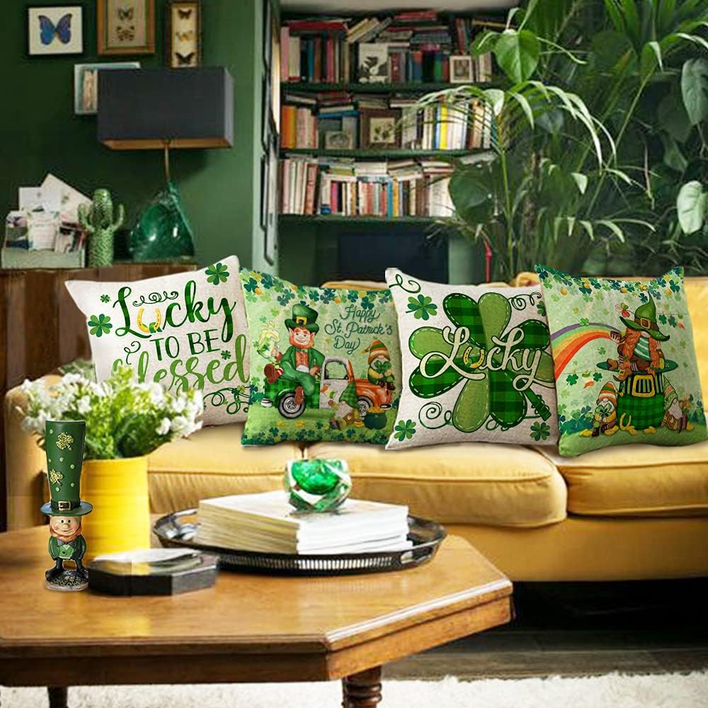 St Patricks Day Pillow Covers 18x18, Happy St Patrick's Couch Throw Pillow Covers Set of 4, Leprechaun Gnomes Green Irish Truck Shamrocks Hat Linen Cushion Cases Home Decorations Gifts for Outdoor