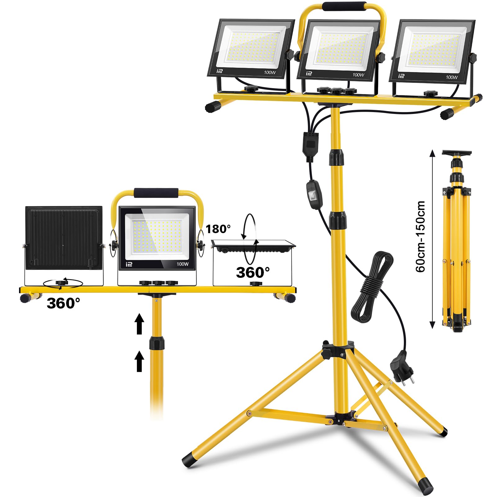 Foco de Trabajo LED 300W con Trípode Telescópico, 30000LM 6500K Foco de Trabajo LED con Enchufe Cable de 3m, Rotación de 360°, IP66 Impermeable Luz de Trabajo para Taller, Obras, Garaje