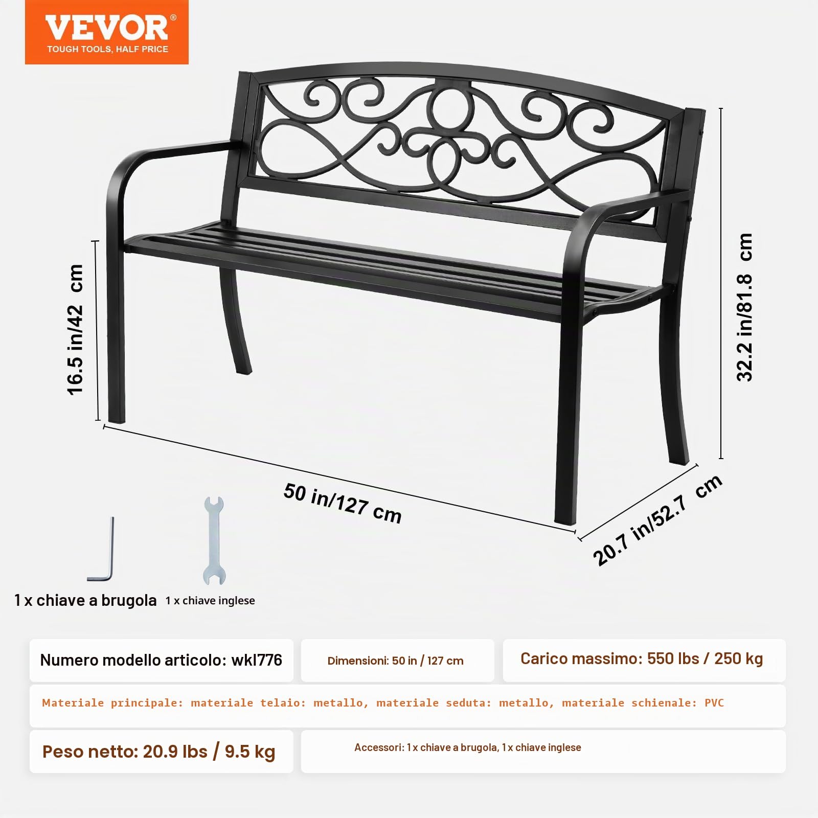 VEVOR Panchina da Esterno da 52,7 x 127 x 81,8 cm Panchina da Giardino in Metallo per Esterni, Capacità di Carico di 250 kg Panchina da Giardino con Schienale, Braccioli, per Parco, Cortile, Portico