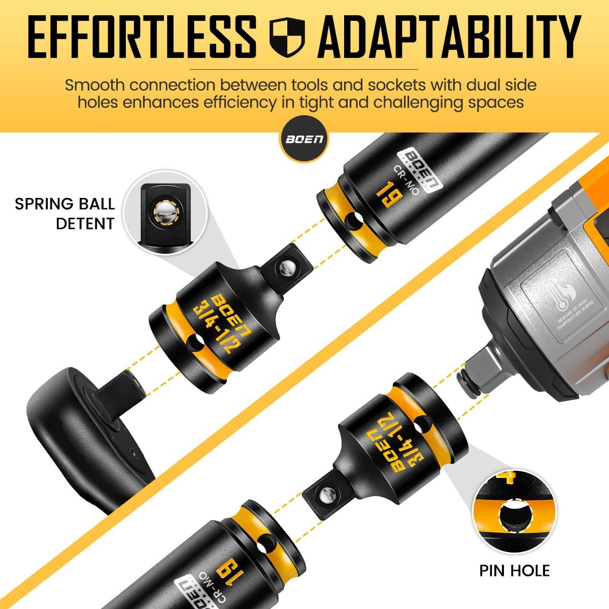 boen PRO 3/4" F to 1/2" M Impact Socket Reducer, Impact Driver Conversions for Impact Wrench, CR-MO Steel, Embossed and Painted Marking