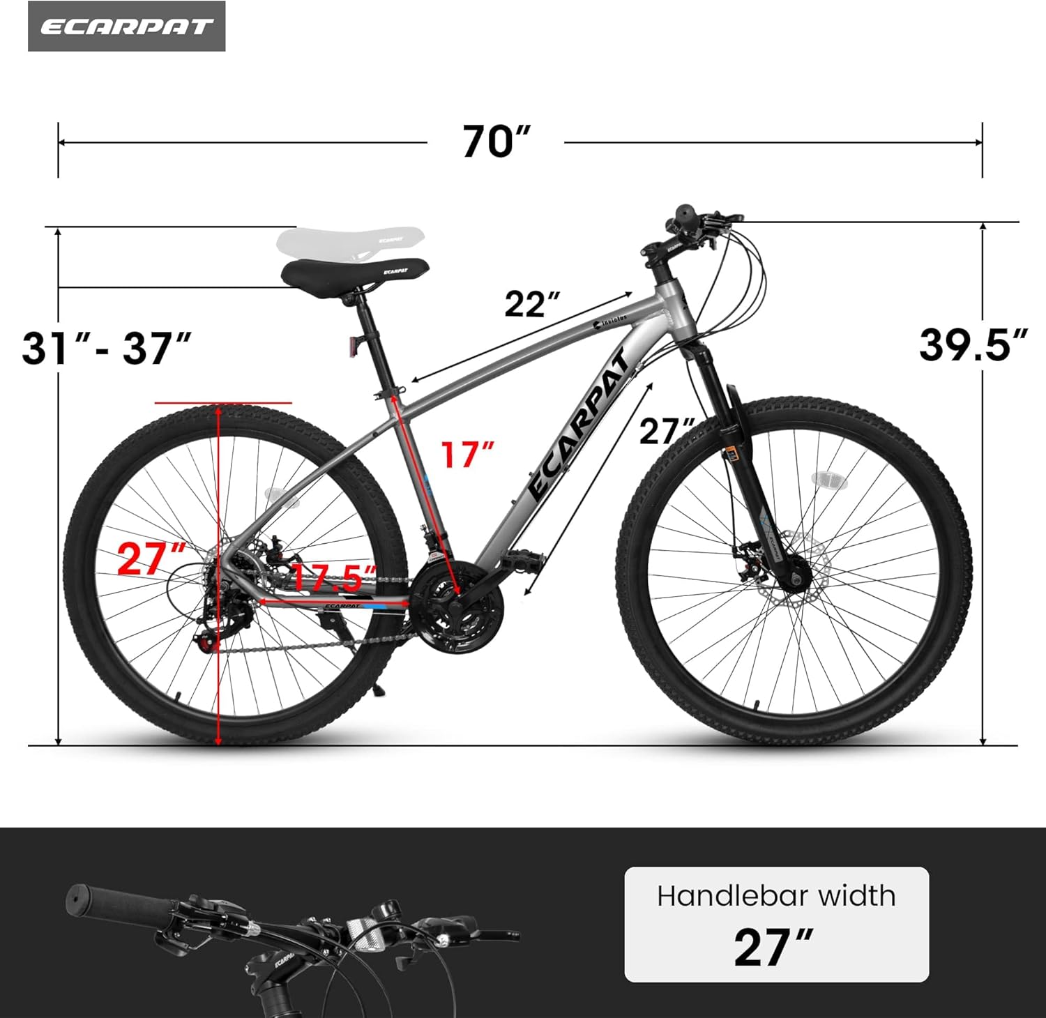 ZeHuoGe All-Terrain 27 Inch Mountain Bike 21 Speed, Suspension Fork, Aluminum Frame Disc Brake, Mountain Bicycle for Men and Women