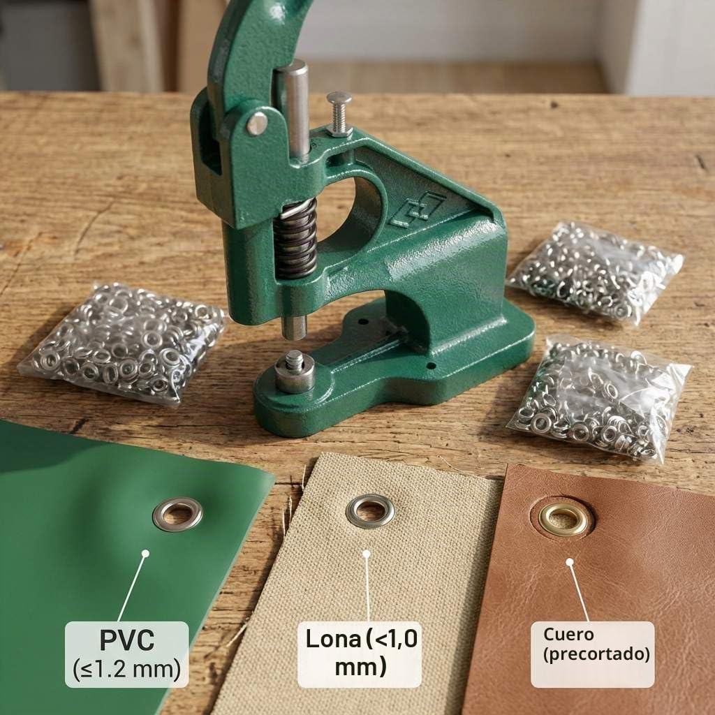 QWORK® Remachadora de Ojales, Prensa Manual de Ojales con 3 Troqueles y 1500 Ojales (6/10/12mm) para Cuero Tela Carteles
