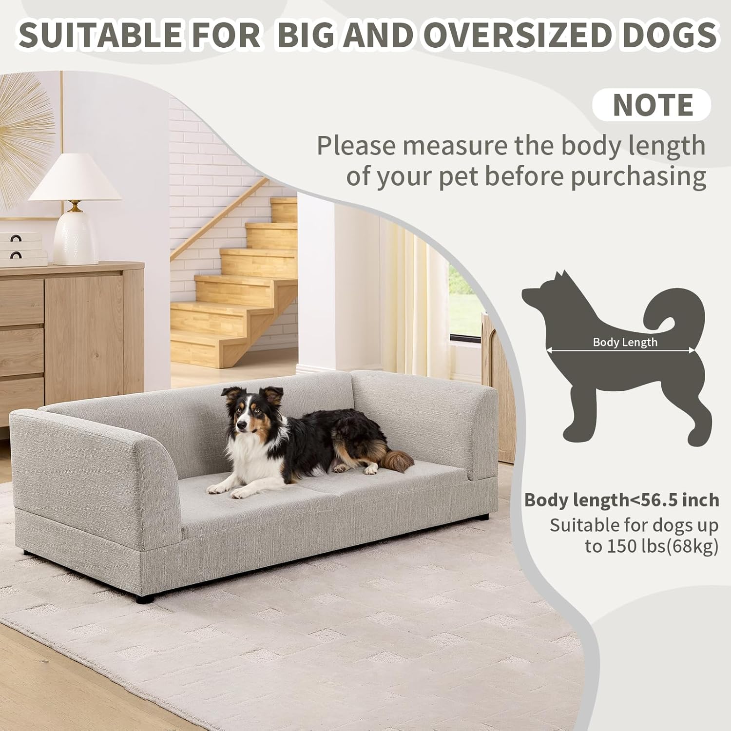 Oversized Dog Sofa Couch for Medium & Large Dogs, Modern Pet Couch Bed with Backrest & Armrests, Supportive Foam Cushion, Linen Fabric Dog Couch