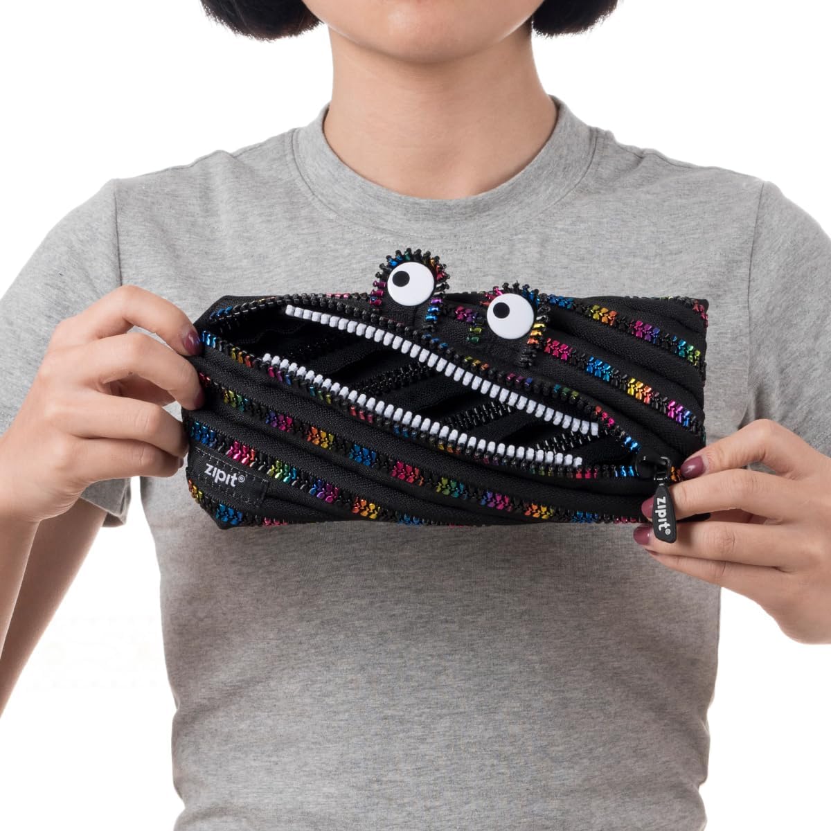 ZIPIT Monster Pencil Case for Kids, Cute Zipper Pouch for Boys Girls and Teens, Stationery Bag for School ,Black & Rainbow image 5