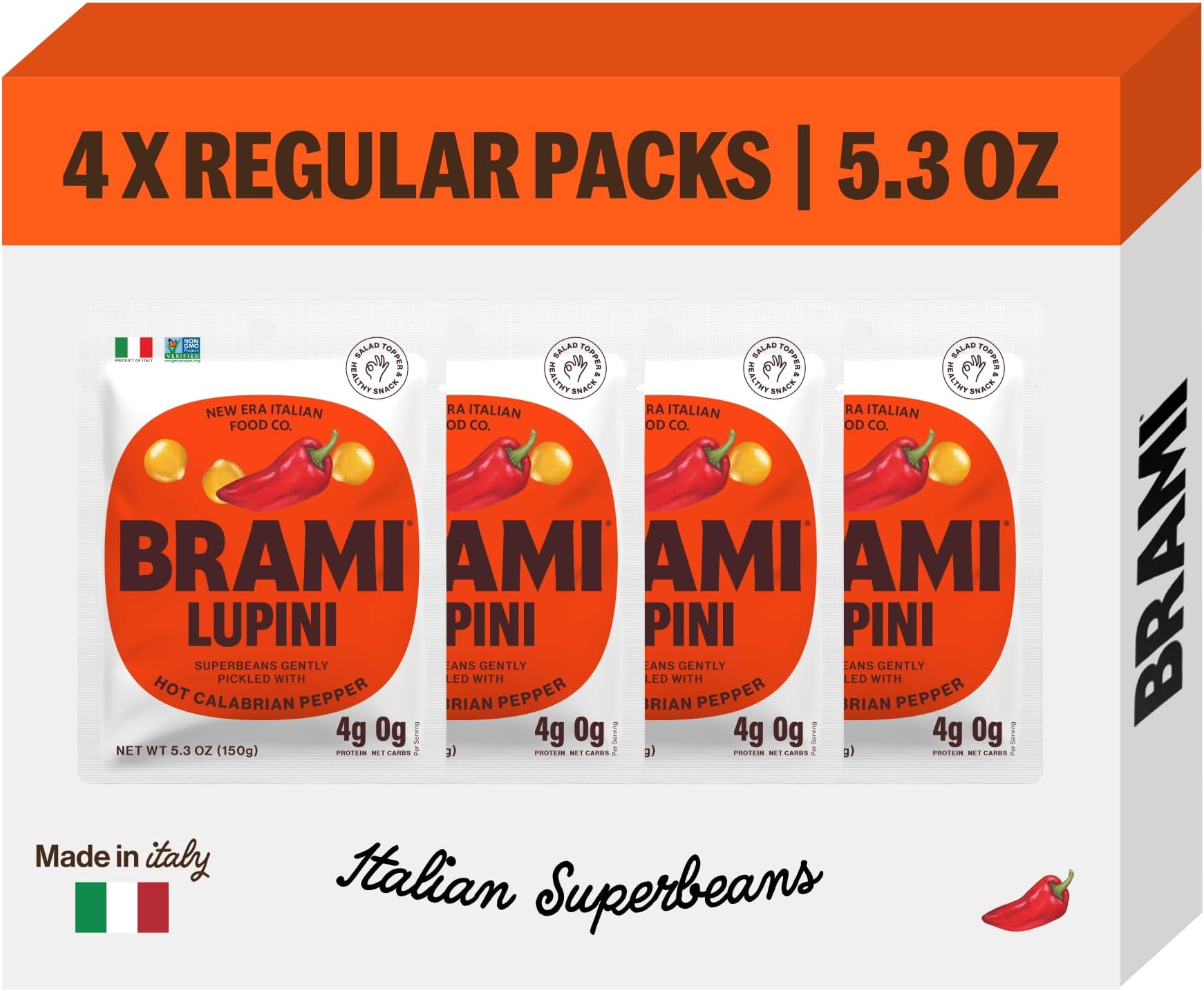 BRAMI Lupini Beans Snack, Hot Chili Pepper | 7g Plant Protein, 0g Net Carbs | Vegan, Vegetarian, Keto, Mediterranean Diet, Non Perishable | 5.3 Ounce(Pack of 4)