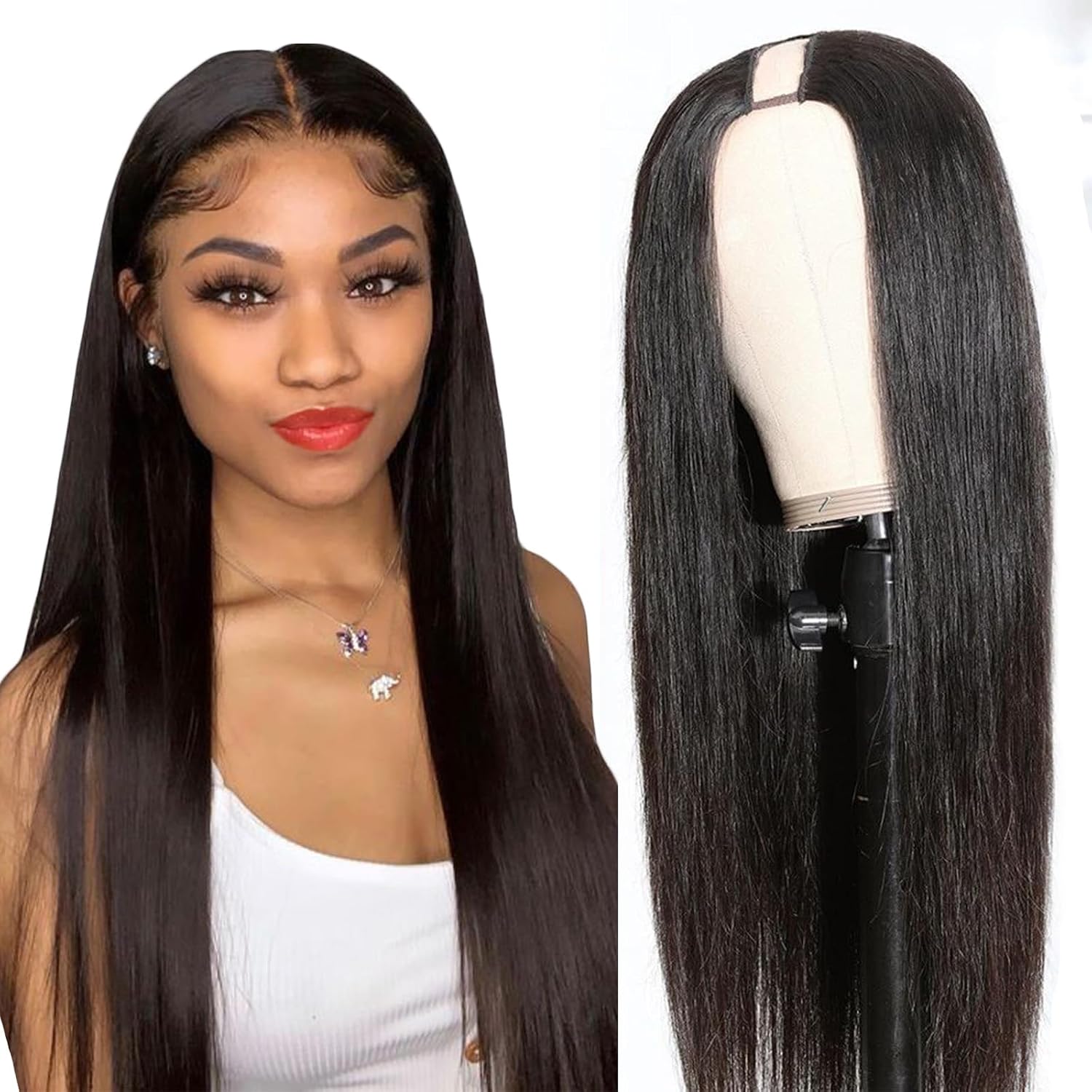 U Part Human Hair Wig Straight for Women Brazilian Remy Glueless V Part Wig Human Hair Beginner Friendly 200% Density Natural Color 26Inch