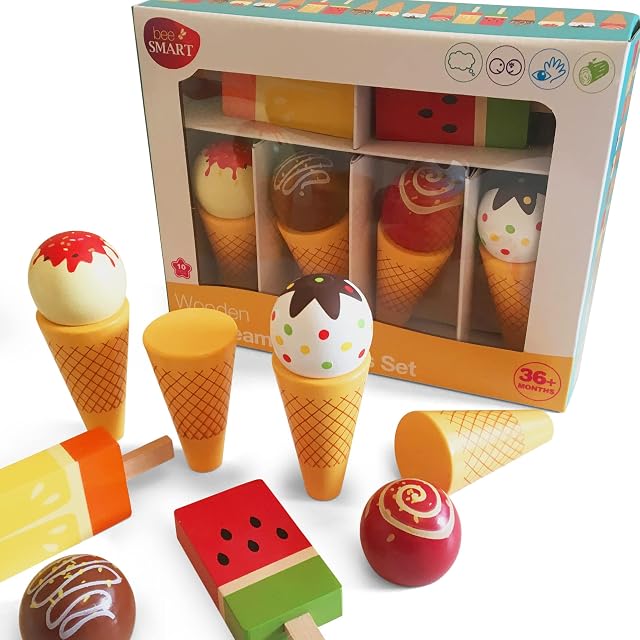 Bee Smart - Spielzeugset aus Holz Holz Eis Zapfen und Lollies Pretend Play Set, Stieleis und Eis in der Waffel, Set, magnetische, austauschbare Teile