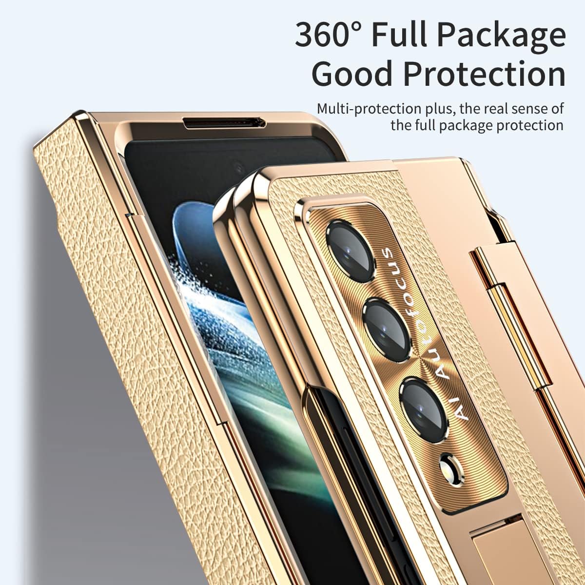 Compatible with Samsung Galaxy Z Fold 3 Case with Screen Protector Rugged Protective Case with Kickstand, Wireless Charging 360 Degree Protection for Samsung Galaxy Z Fold 3 (Champagne Gold)