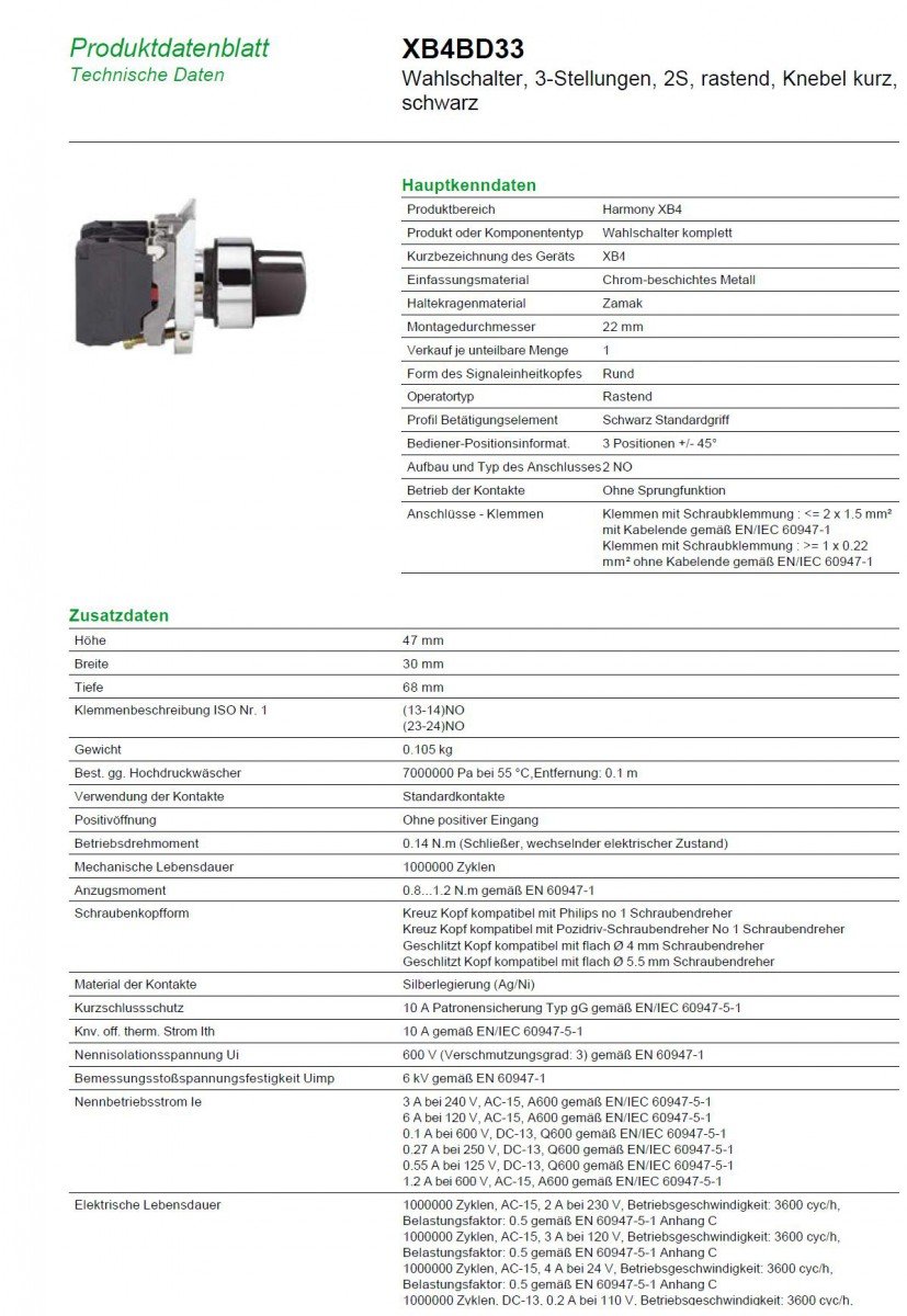 Schneider Electric XB4BD33 Selector Diámetro 22, Mango de 3 Posiciones, 2 Na, Negro