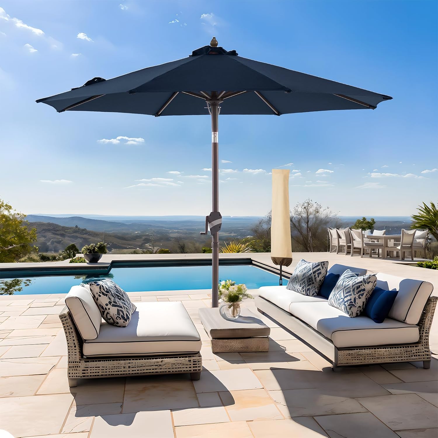 BLUU MAPLE Olefin 9 FT Patio Market Umbrella Outdoor Table Umbrellas, 3-year Nonfading Olefin Canopy, Market Center Umbrellas with 8 Strudy Ribs & Push Button Tilt for Garden, Lawn & Pool (Navy Blue)