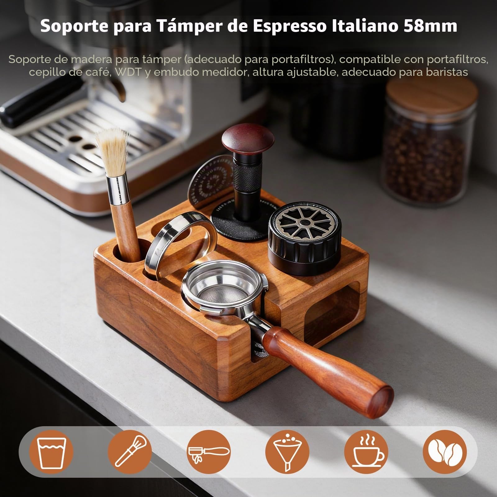 Estación de Tamping 58mm, Base para Prensar Café con Almacenamiento | Soporte Portafiltro Antideslizante para Barista, Accesorios Espresso con Organizador de Herramientas