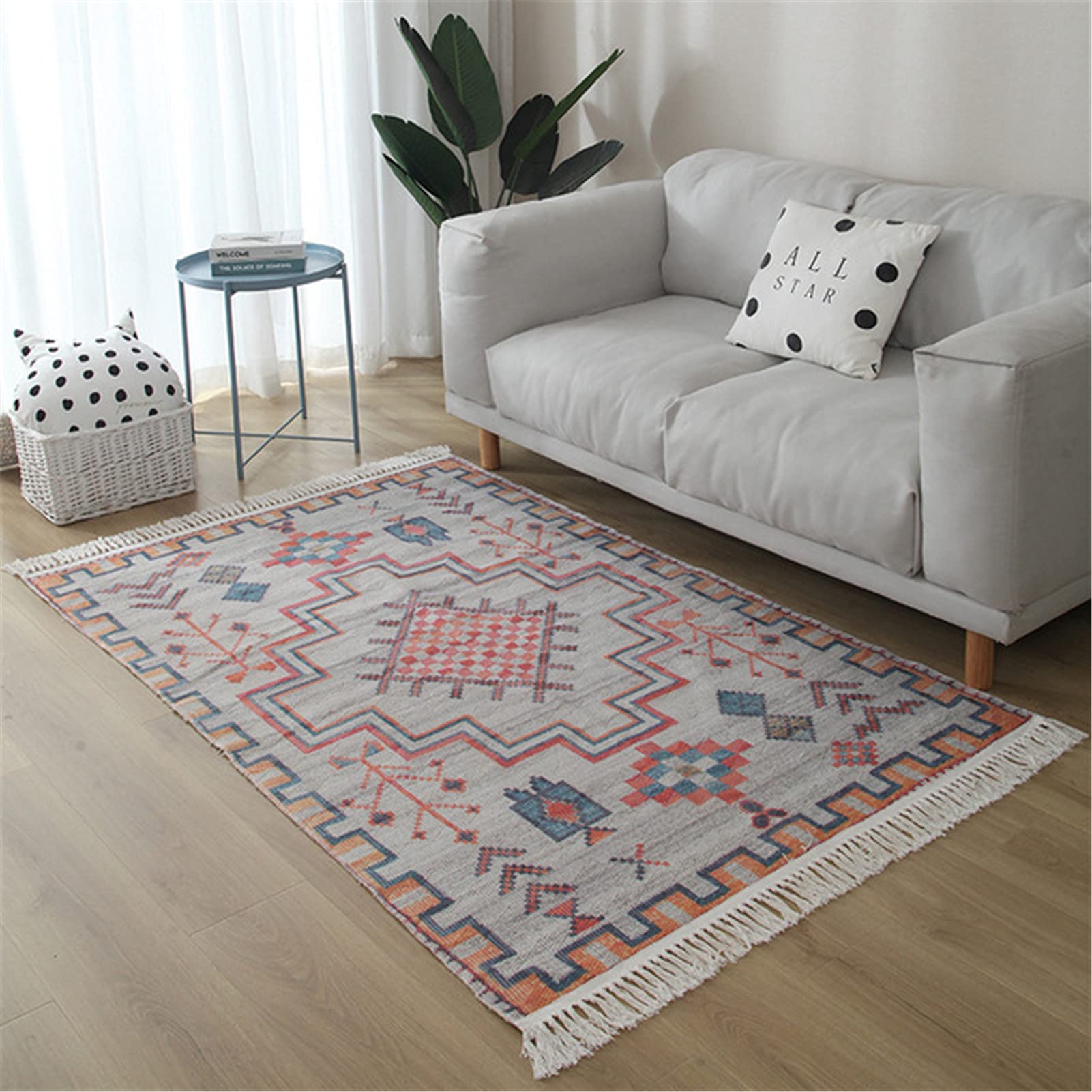 Boho mata łazienkowa, tkany bawełniany dywan z małym frędzlem, geometryczny dywan łazienkowy ze wzorem, nadaje się do prania dywan podłogowy (szer. 160 x 230 cm)
