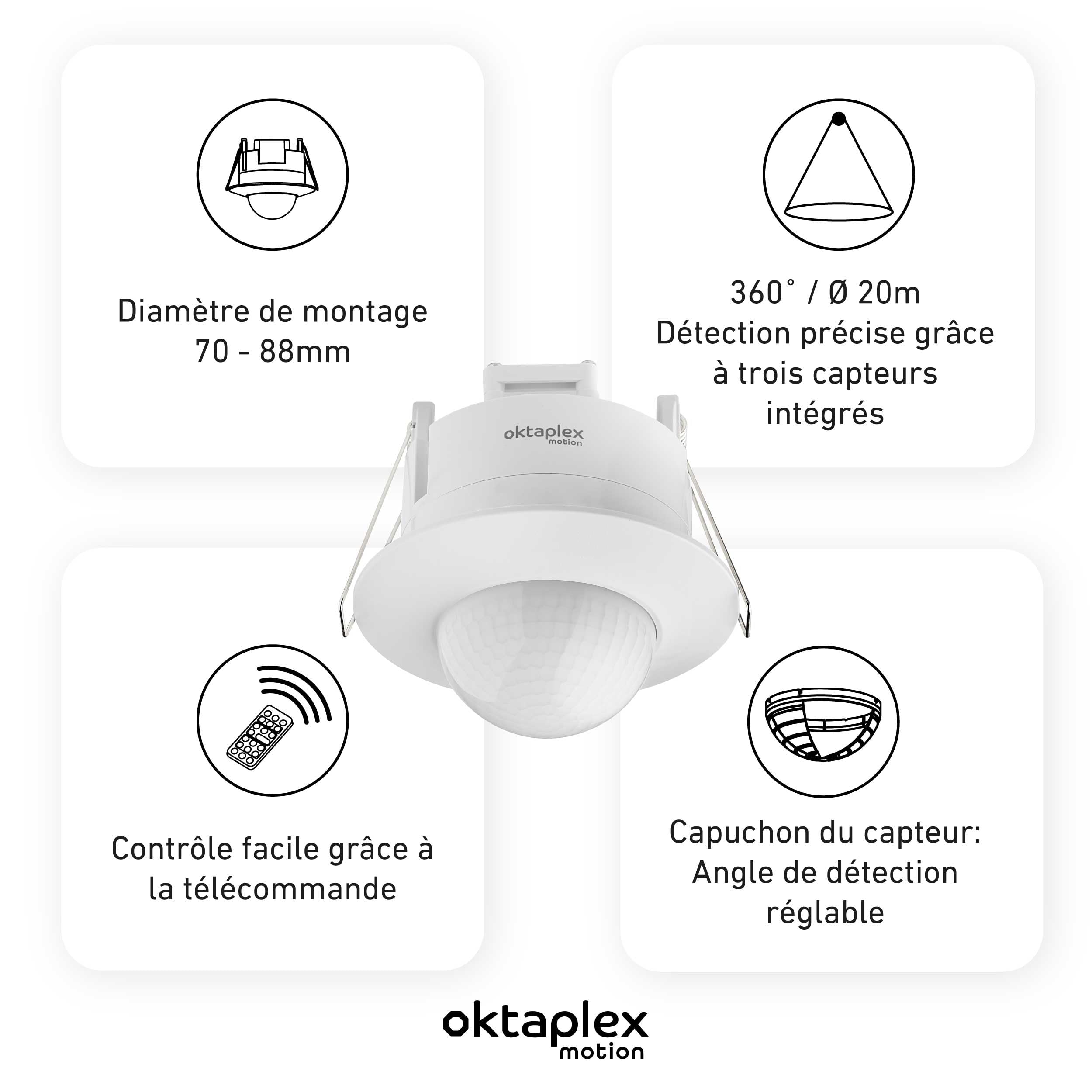 Oktaplex Sam Lot de 2 détecteurs de mouvement encastrés 360° avec télécommande infrarouge 230 V Blanc