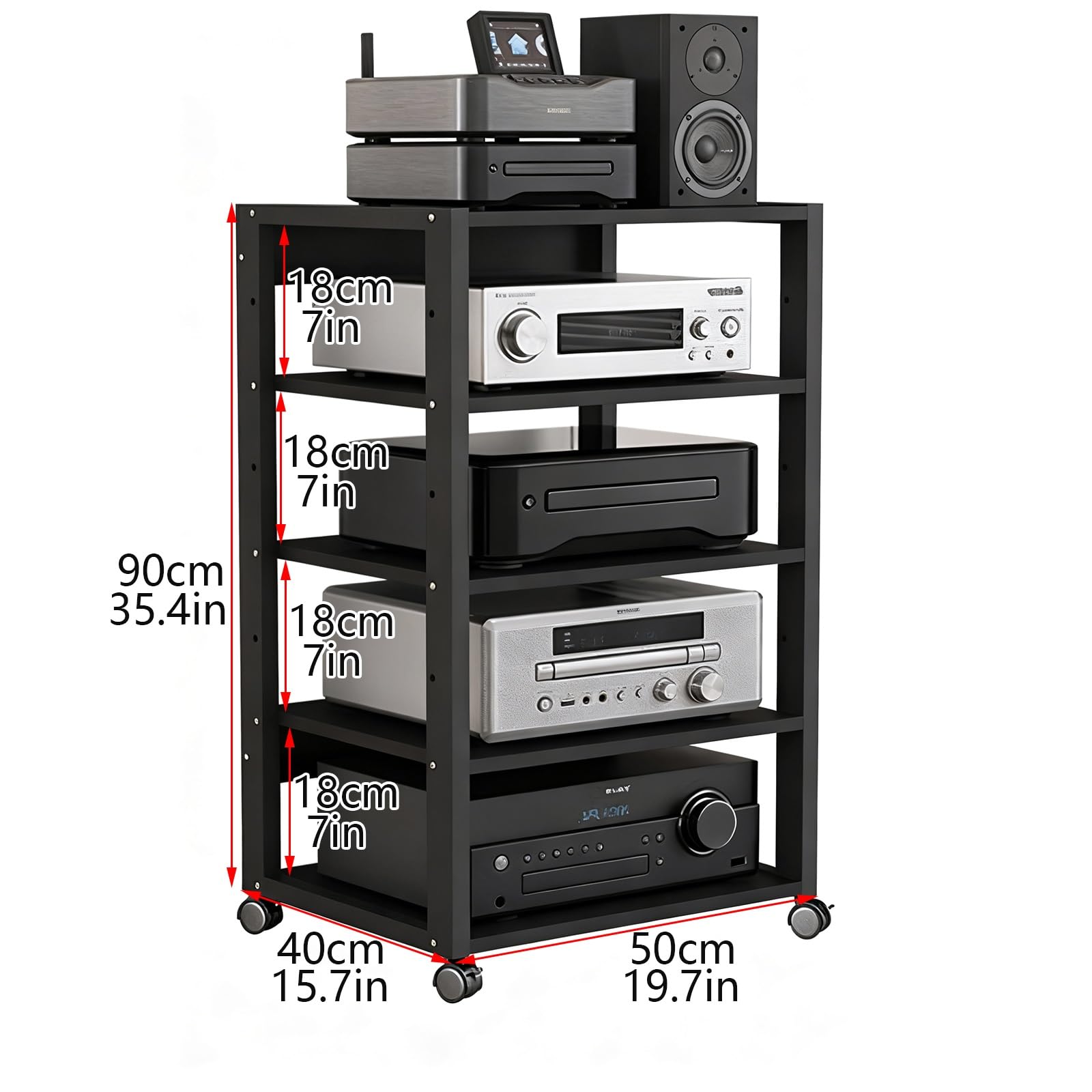 Stojak multimedialny AV z regulacją wysokości, 5-poziomowy stojak stereo i konsola odtwarzacza płyt muzycznych, metalowa rama, wykończenie centrum rozrywki, 50 x 40 x 90 cm