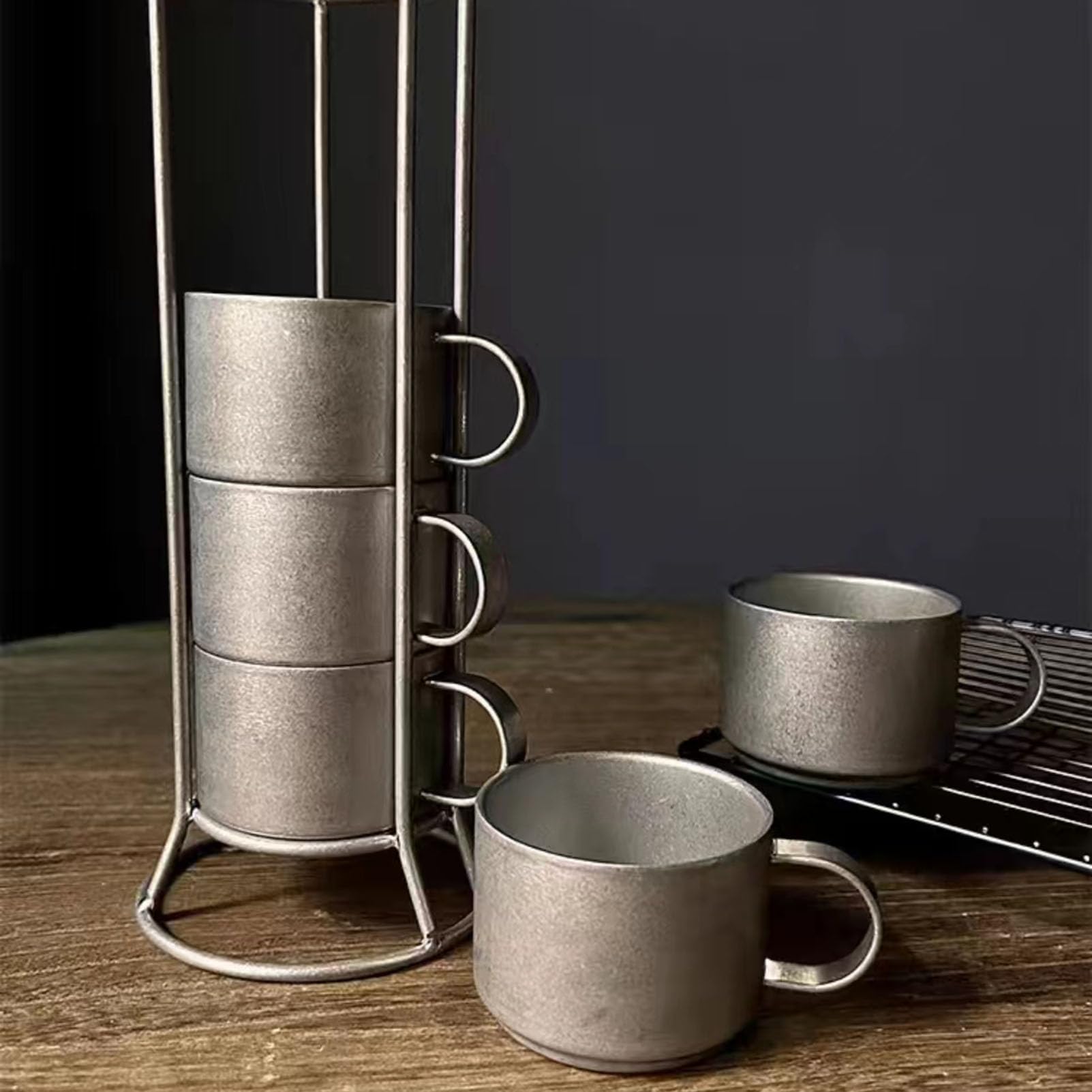 Tazas de Cafe，5 Tazas de Café Apilables de Acero Inoxidable con Soporte de Metal, Taza de Café Vintage de Acero Inoxidable 304, Juego de Tazas de Espresso, Tazas para Café, Té, Cacao, Leche