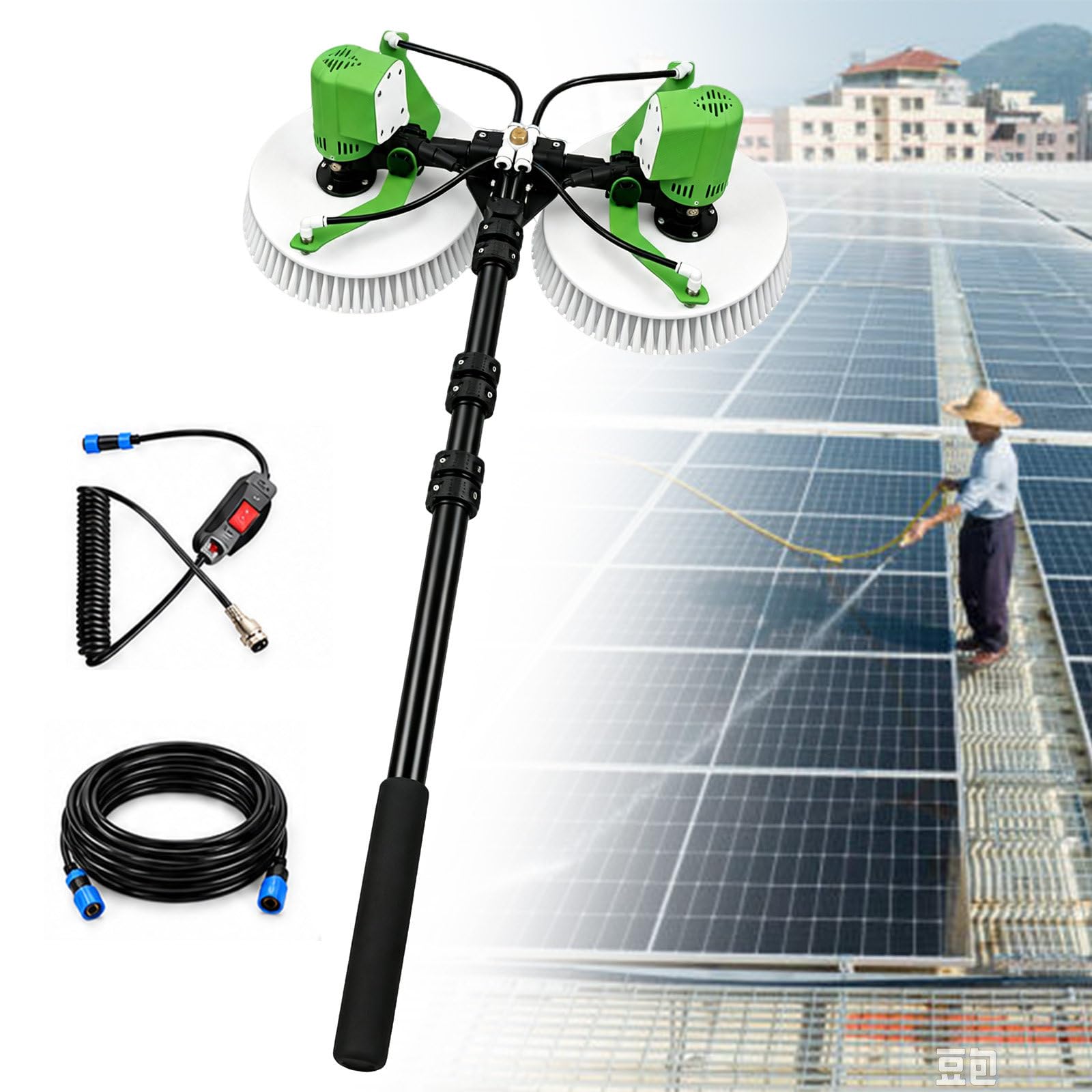 Brosse Nettoyage Panneaux Solaires, Eau 4 Points pour PV Toiture 5.5m/18.04ft-Mains+Battery