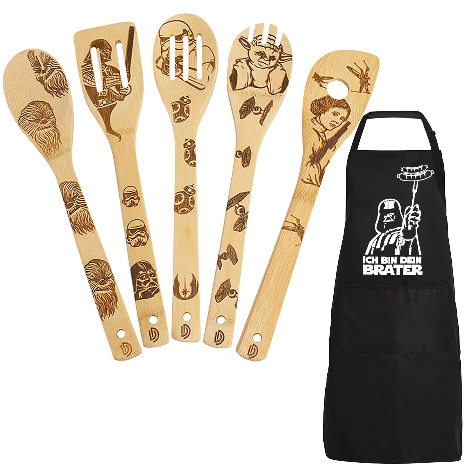 DaceStar - Star Delantal para Barbacoa y Cuchara de Cocina de Madera, Star Regalo Wars, Divertido Merch de Cocina, Decoración