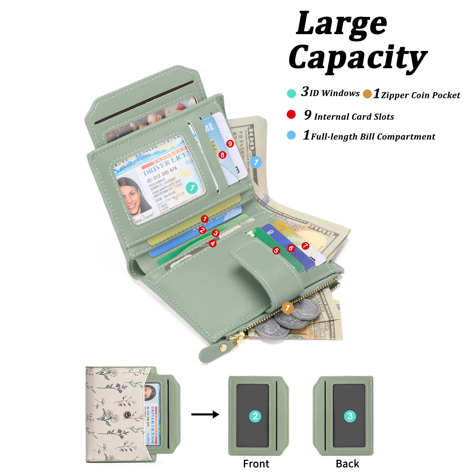 GAEKEAO Porte Monnaie Femme, Petit Portefeuille Femme avec Blocage RFID, Porte Carte avec Fenêtre D'identification Amovible et Poche à Monnaie Zippée