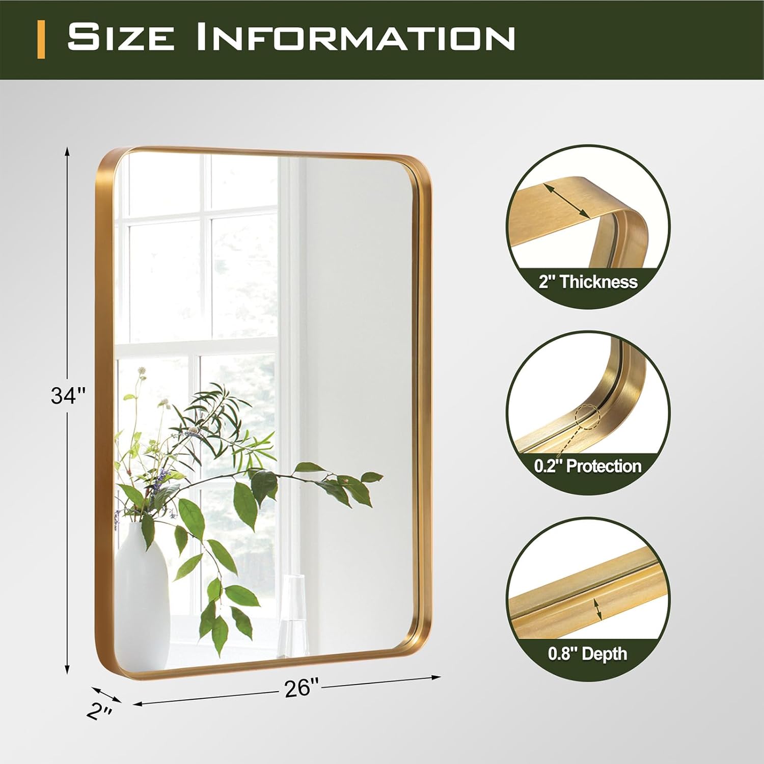 PexFix Modern Metal Framed Bathroom Mirror for Wall - 34x26 Inch, Farmhouse Style, Anti-Rust, Tempered Glass, Hanging Options, Large Rounded Rectangle