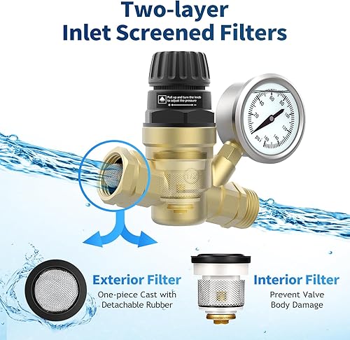 Miniatura 3 de Válvula reguladora de presión de agua para RV, reductor de presión de agua ajustable sin plomo de latón con manómetro y filtro de pantalla de