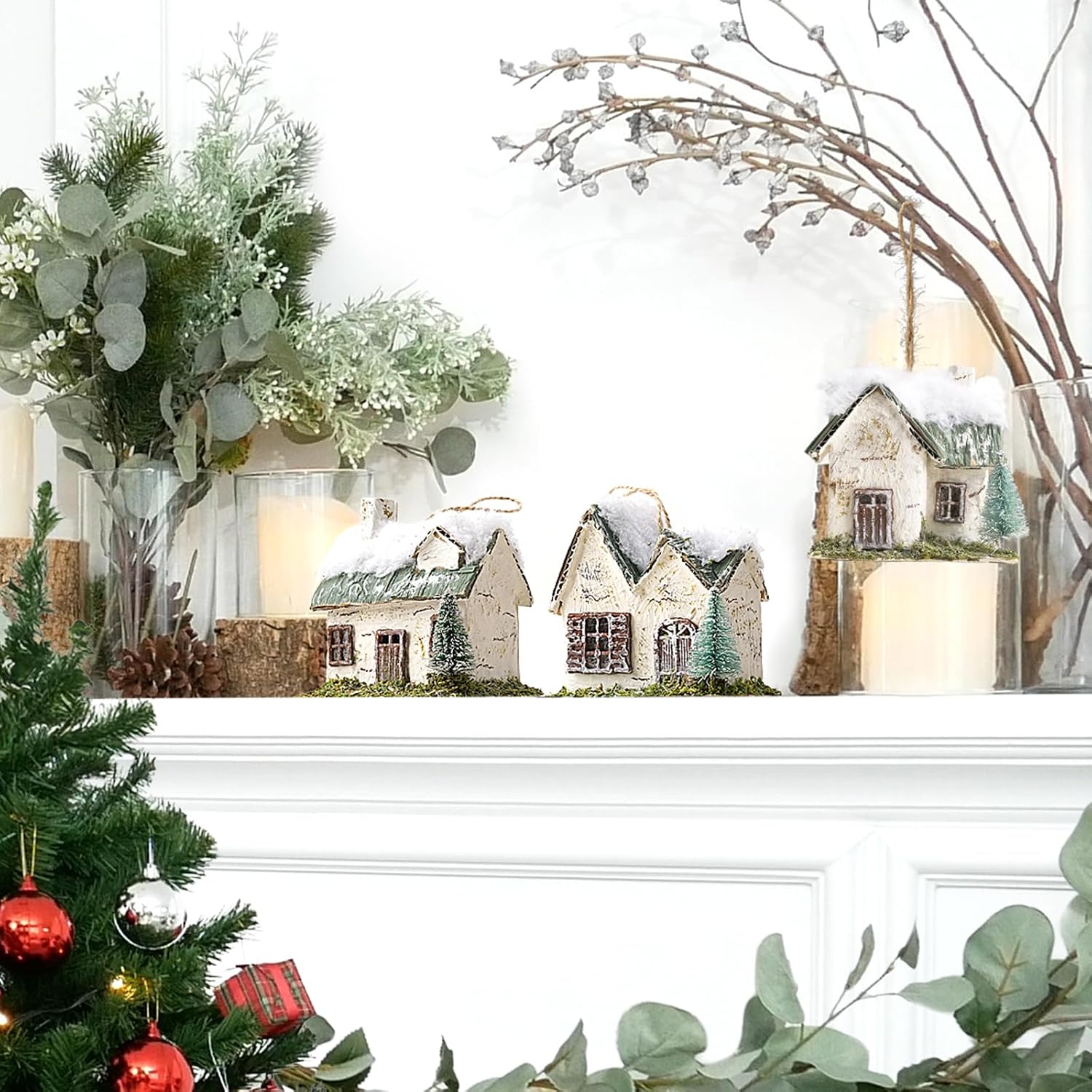 naturevibe Set of 3 Christmas Villages Houses Ornament with Warm Led Lights