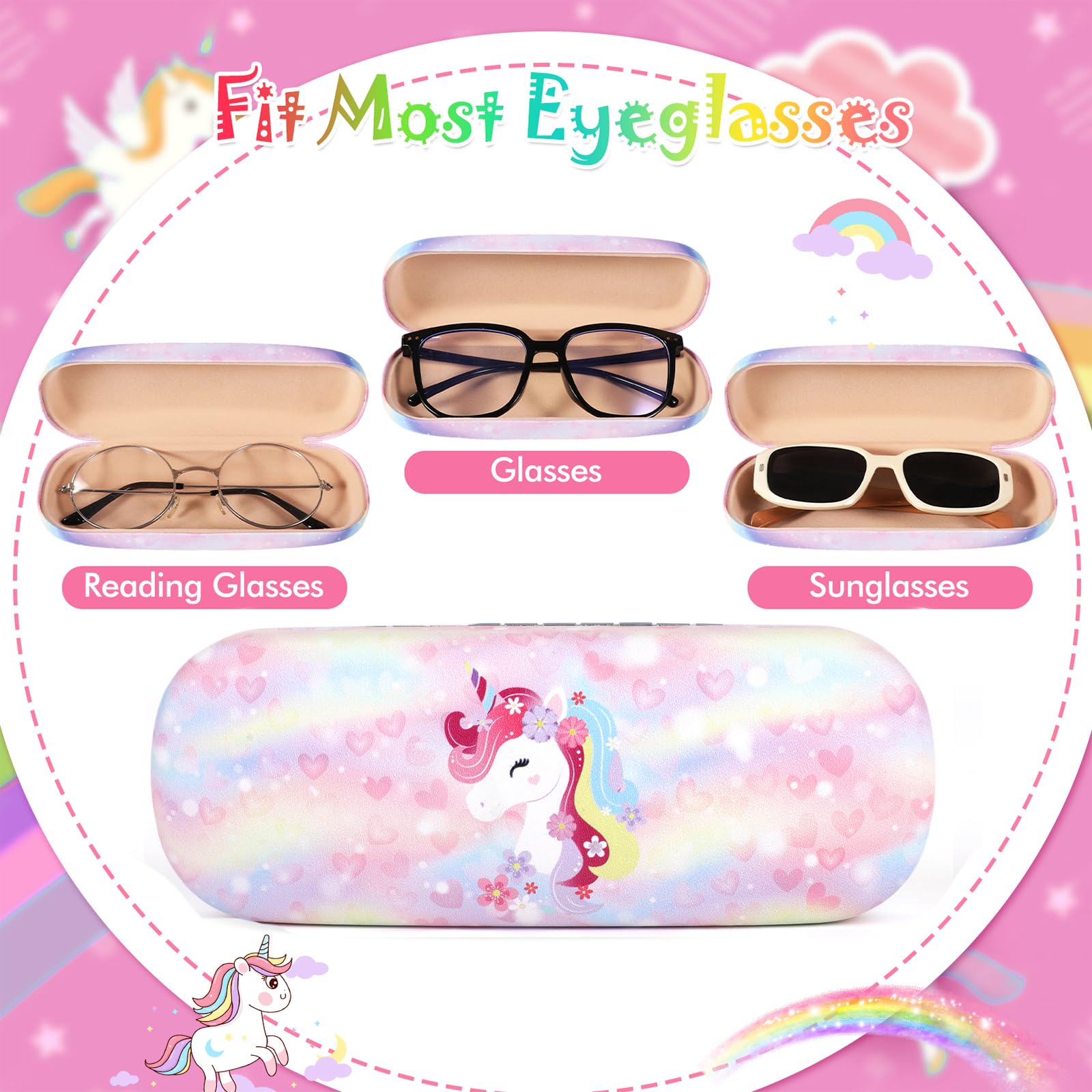 Unicorno Custodia Occhiali Rigida Bambina,Custodia Occhiali Morbida Cordino Ferma Occhiali Custodia Portatile per Ragazza Viaggio Studio
