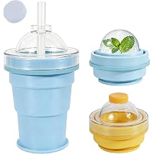 2-in-1 Collapsible Silicone Ice Ball Maker Cup, Portable Ice Cube Bottle | Food-Grade Silicone, Leakproof Ice Ball Mold Cup with Straw; Easy Demolding Travel Tumbler for Iced Coffee, Juice, Home, Gym