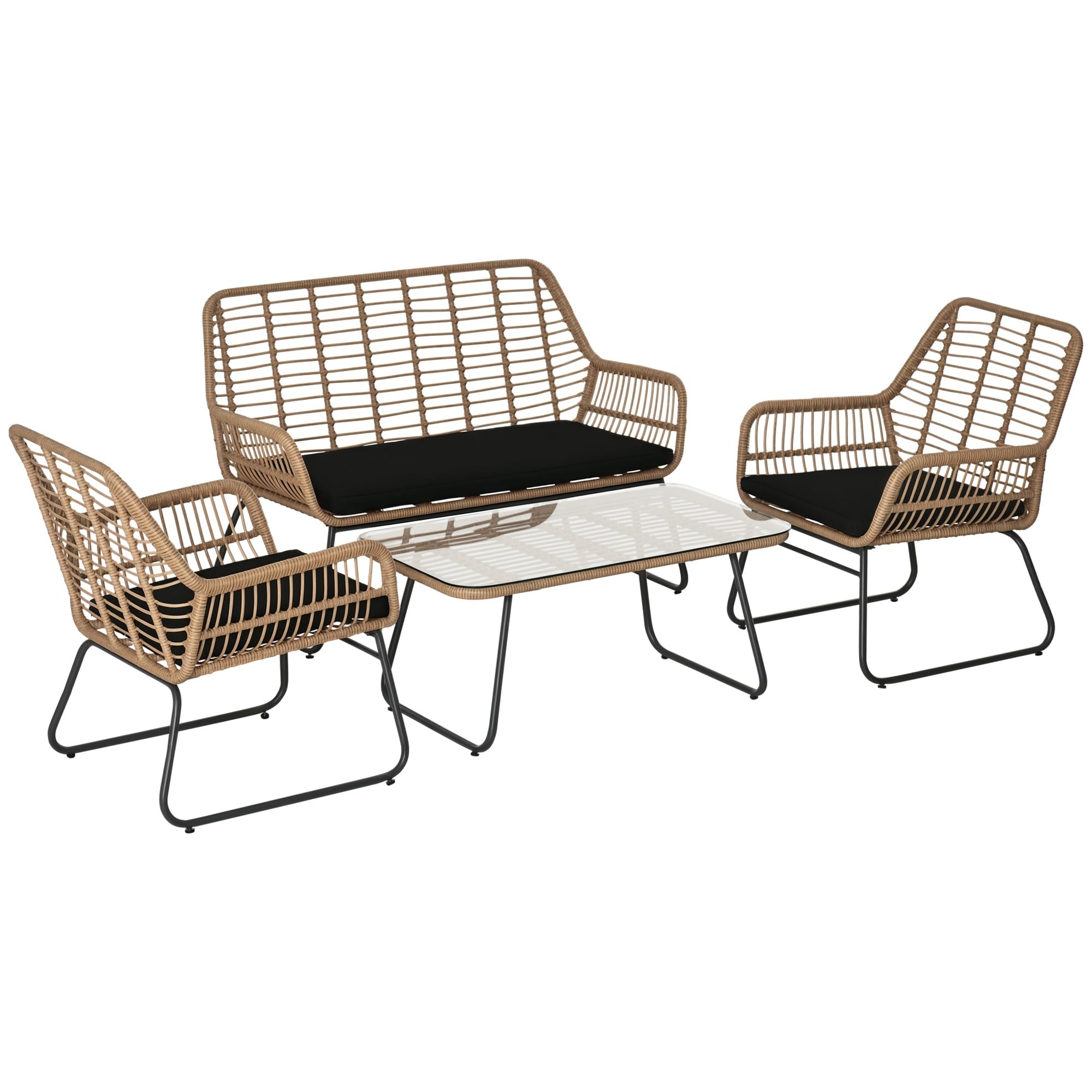 Outsunny Set Mobili da Giardino in Rattan PE da 4 Pezzi, Salotto da Esterno Stile Boho con 2 Poltrone, Divanetto e Tavolino con Ripiano