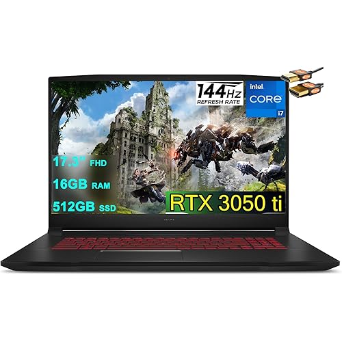 MSI Katana GF76 17 Gaming Laptop 17.3” FHD IPS 144Hz Display 11th Gen Intel 8-Core i7-11800H 16GB RAM 512GB SSD GeForce RTX 3050 Ti 4GB Backlit USB-C Nahimic Win10 Black + HDMI Cable