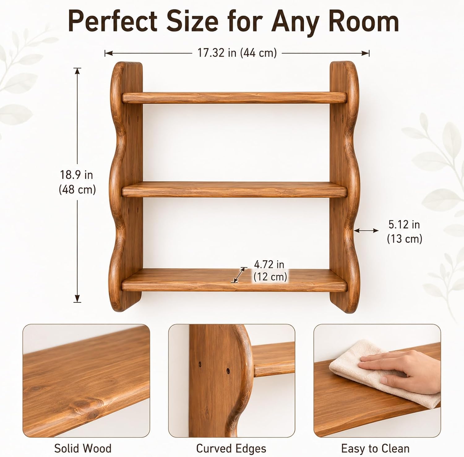 Solid Wood Floating Wall Shelf, 3-Tier Wall Mounted Shelf | Supports Up to 44 Lb | Vertical Storage Frees Floor Space | Natural Wood Grain for Bathroom, Kitchen, Living Room & Bedroom