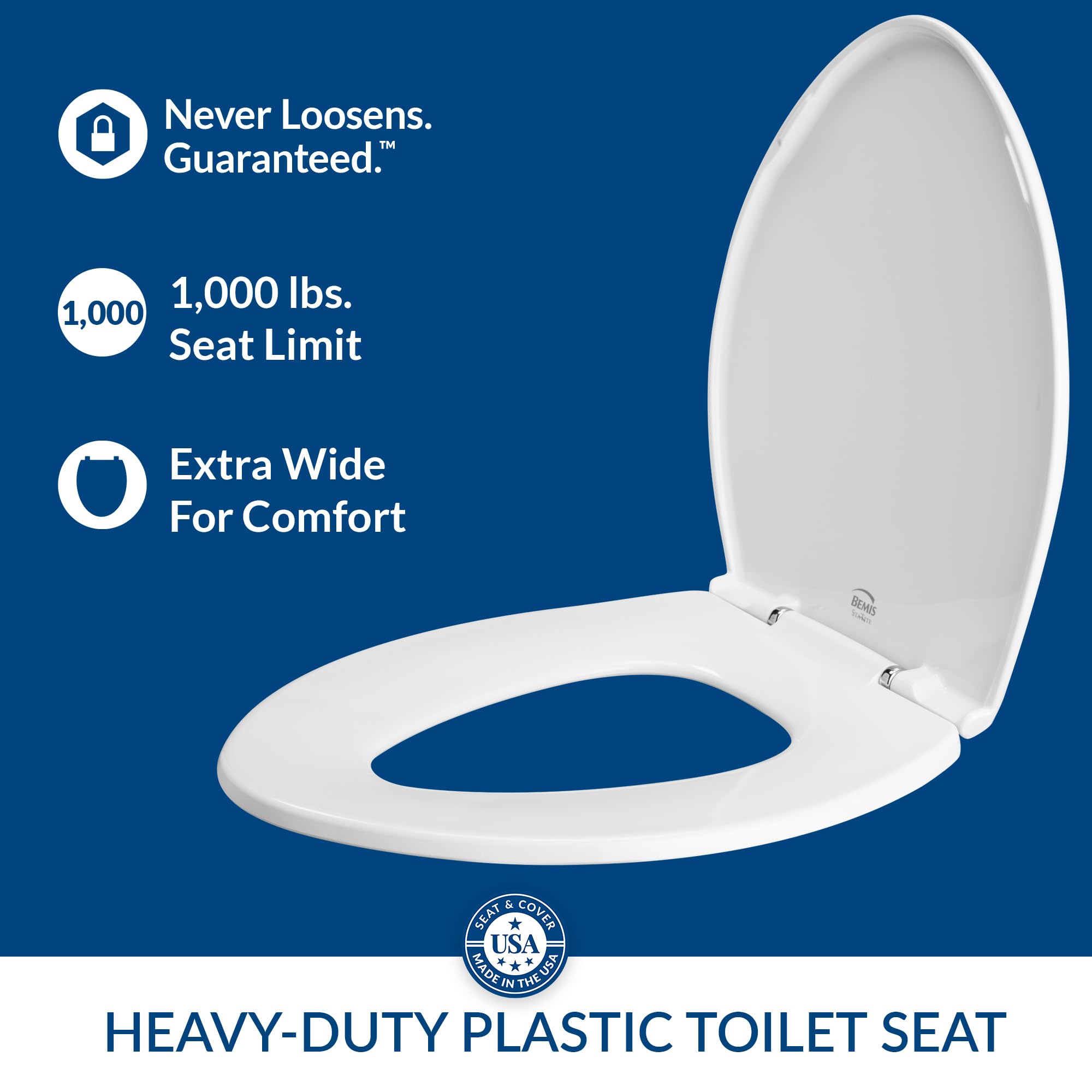 Bemis 1000CP000 Paramount - Asiento de inodoro alargado de plástico con bisagras cromadas, color blanco