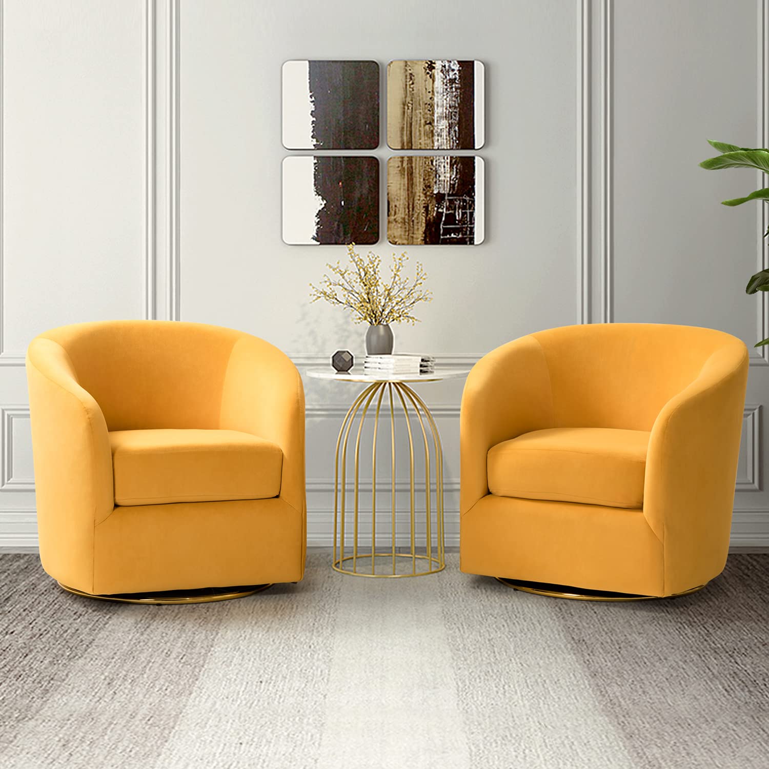 HULALA HOME Swivel Accent Chair with Gold Metal Base, Set of 2 Contemporary Velvet Curved Swivel Barrel Chair, Upholstered Club Armchair, Leisure