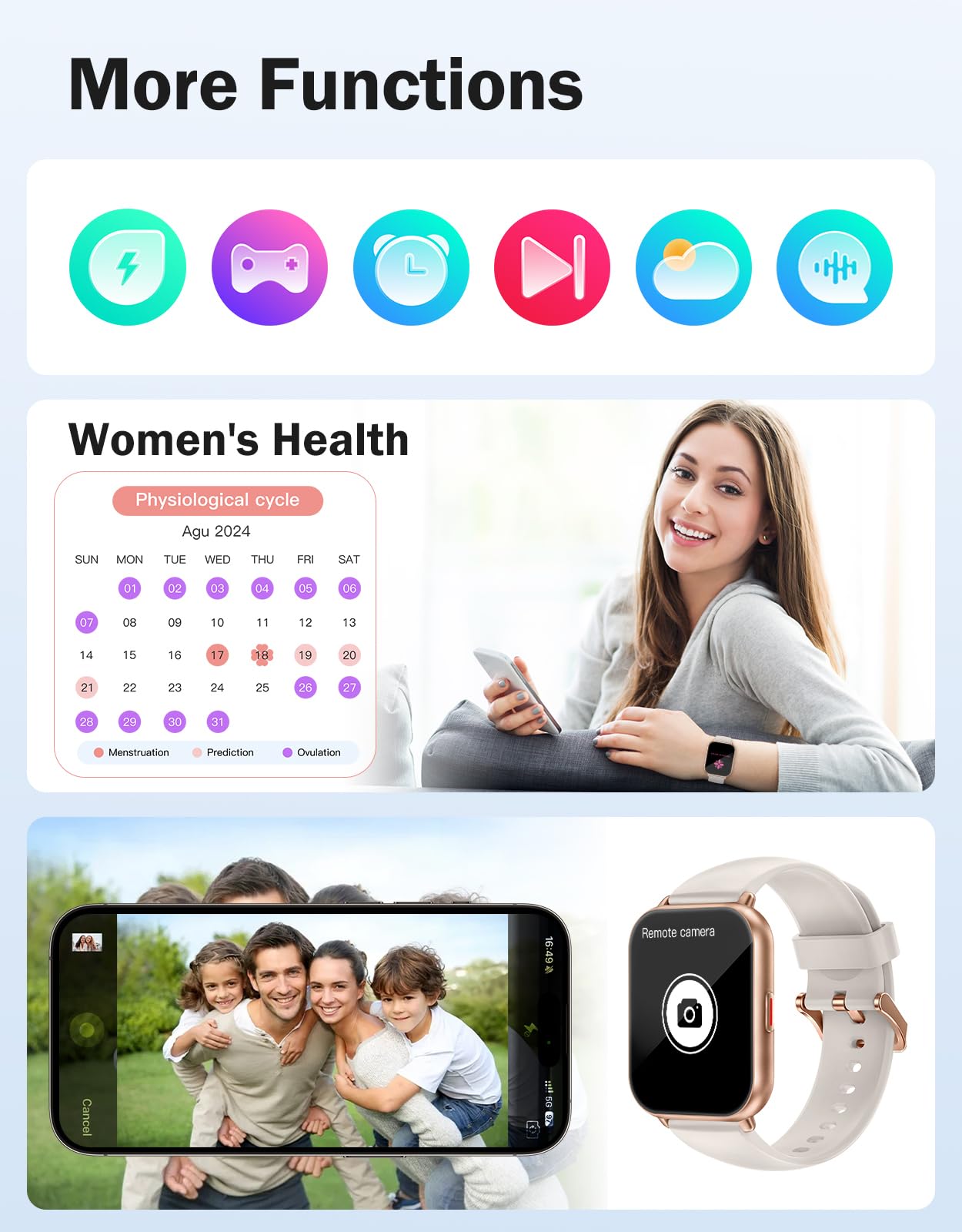 Montre Connectée Femme Homme Smartwatch Bluetooth pour Android iOS Podometre Montre Sport Cardiofrequencemetre Trackers d'activité Montre Intelligente Etanche IP68 Menstruel Musique Contrôle
