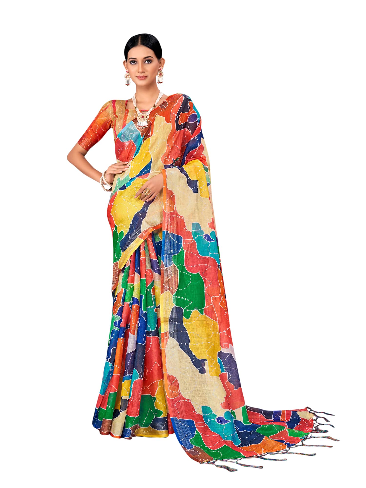 Women's Linen Abstract Printed Saree With Unstitched Blouse Piece (Multicolored_PLNN265_HS)-image-14