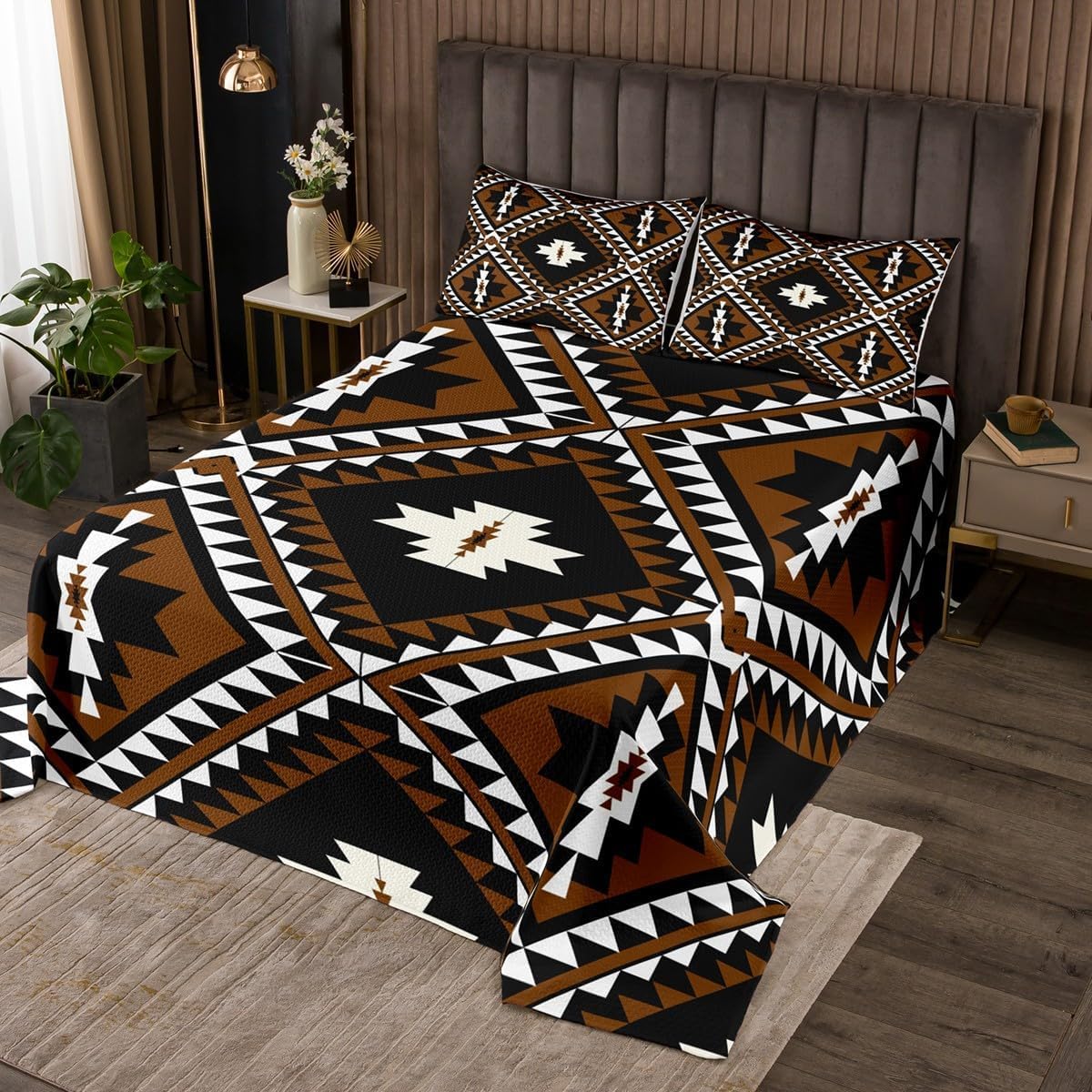 Set Biancheria Da Letto Messicana 3 Pezzi – Stile Azteco Western A Righe, Copriletto Queen E Due Federe, Marrone Tribale