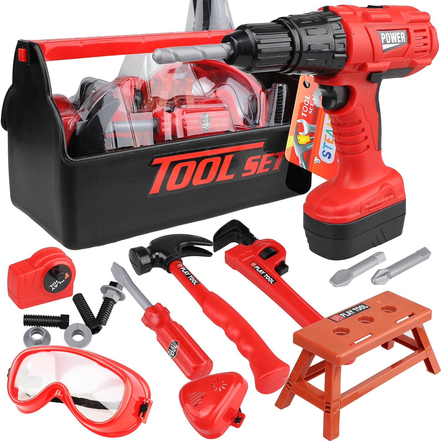 STEAM Life Kids Toy Set for Boys 3-5 with Power Drill, Tool Box, Hammer, Measure, Drill, Hammer, Measure
