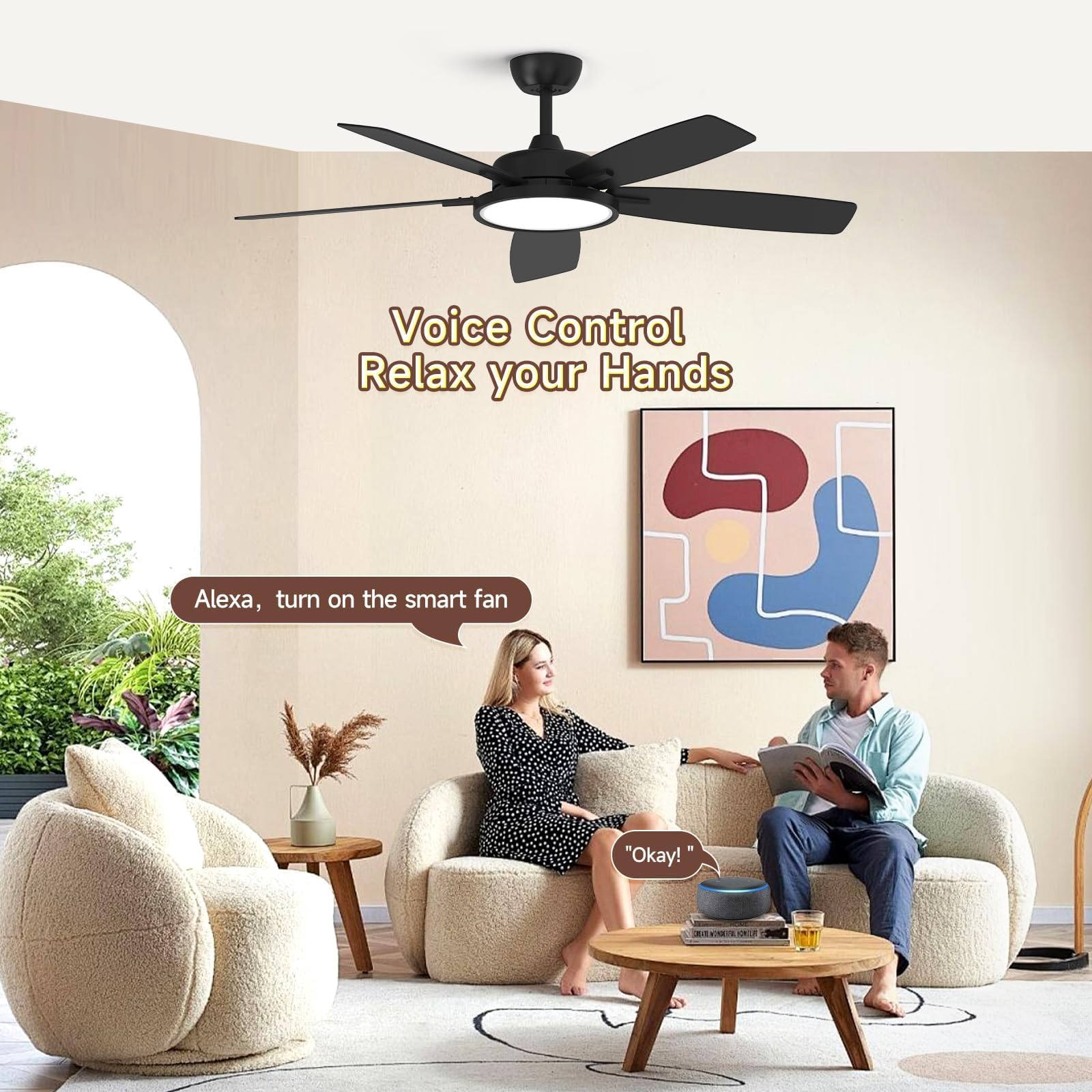 Taloya Smart Deckenventilator mit Licht und Fernbedienung, Moderne Dimmbare LED Beleuchtung, App Control, 132 cm, Schwarz, Leise DC Motor, 6 Geschwindigkeiten, Timer, für Schlafzimmer Esszimmer